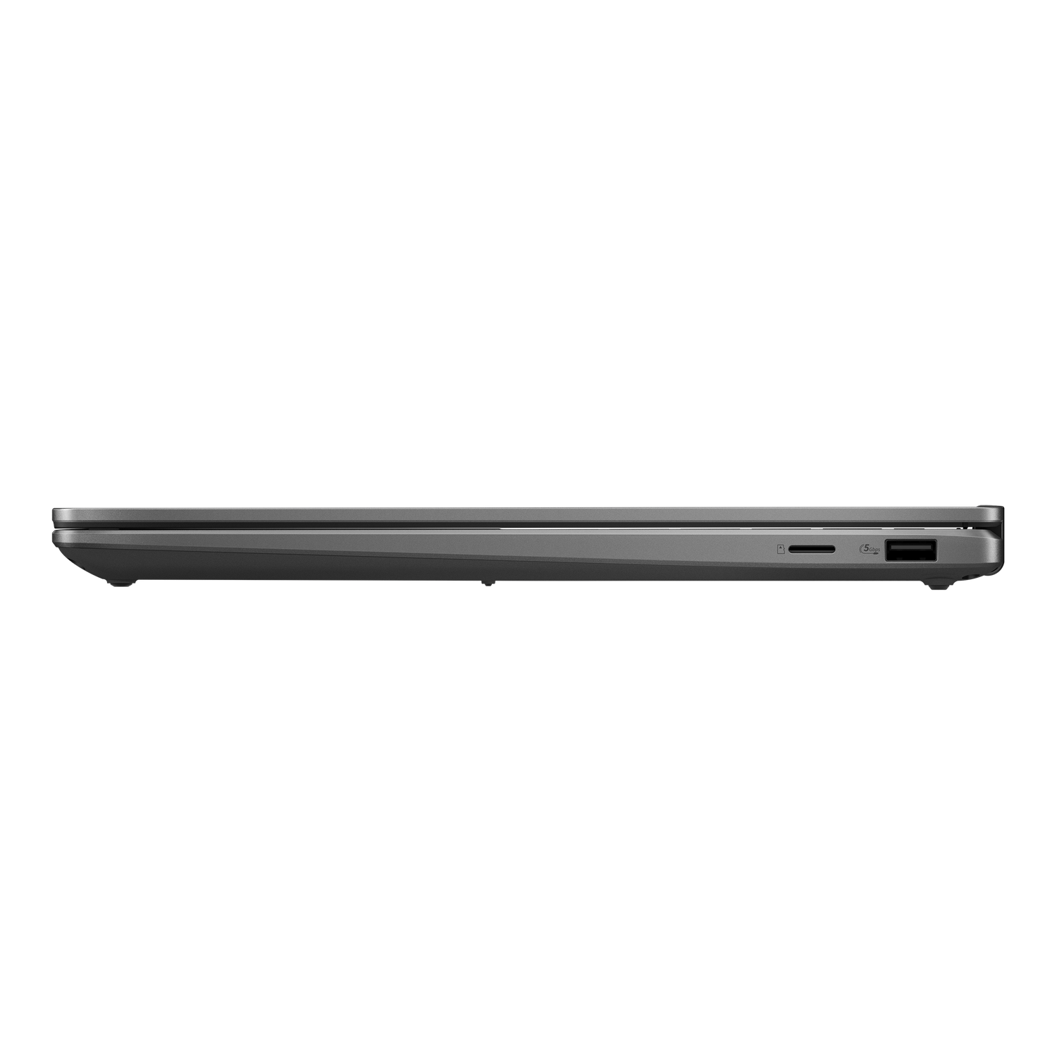Side view of a closed gray laptop. Visible ports include USB, SD card slot. Background is black.