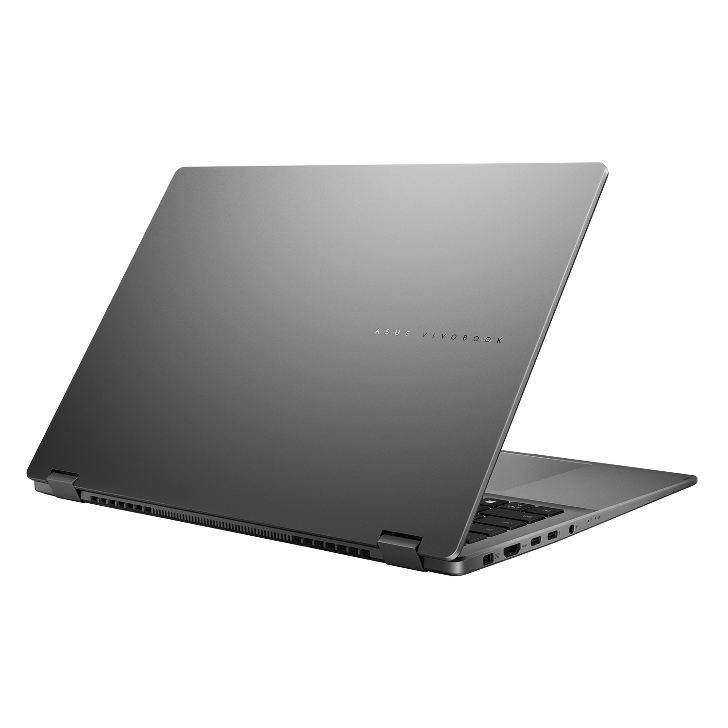 A gray ASUS Vivobook laptop, slightly open, against a black background. The keyboard and ports are visible.