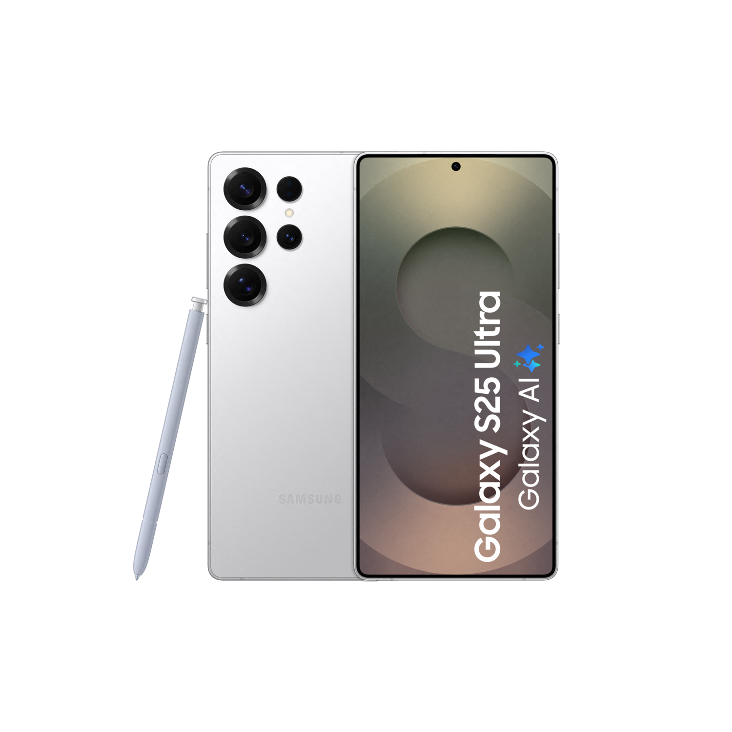 Witte Samsung Galaxy S25 Ultra telefoon met stylus. Beschikt over meerdere camera's aan de achterkant en een scherm met 'Galaxy S25 Ultra Galaxy AI'.