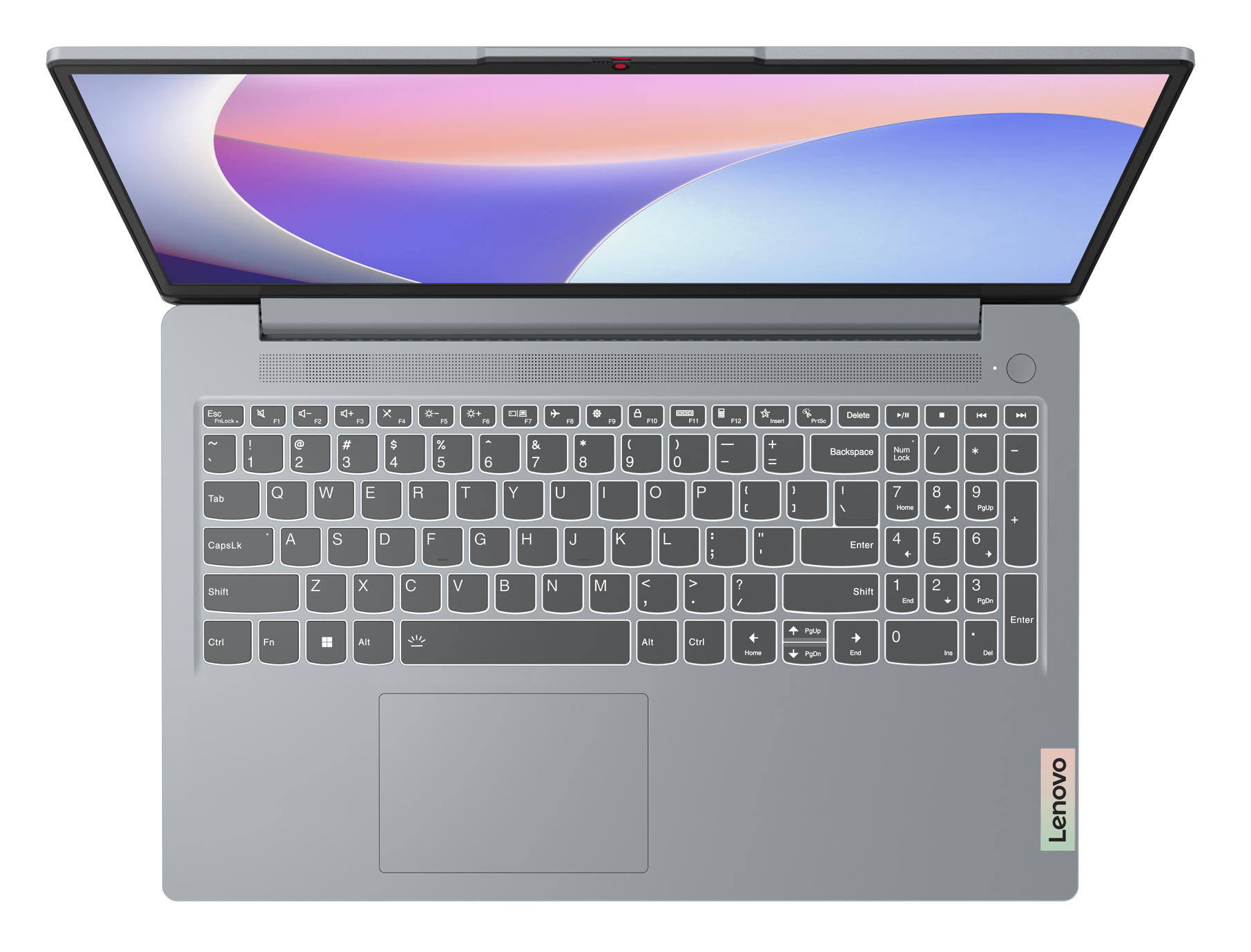 Otwarty laptop, pokazujący klawiaturę i ekran. Ekran wyświetla abstrakcyjne kolory. Logo Lenovo w prawym dolnym rogu.