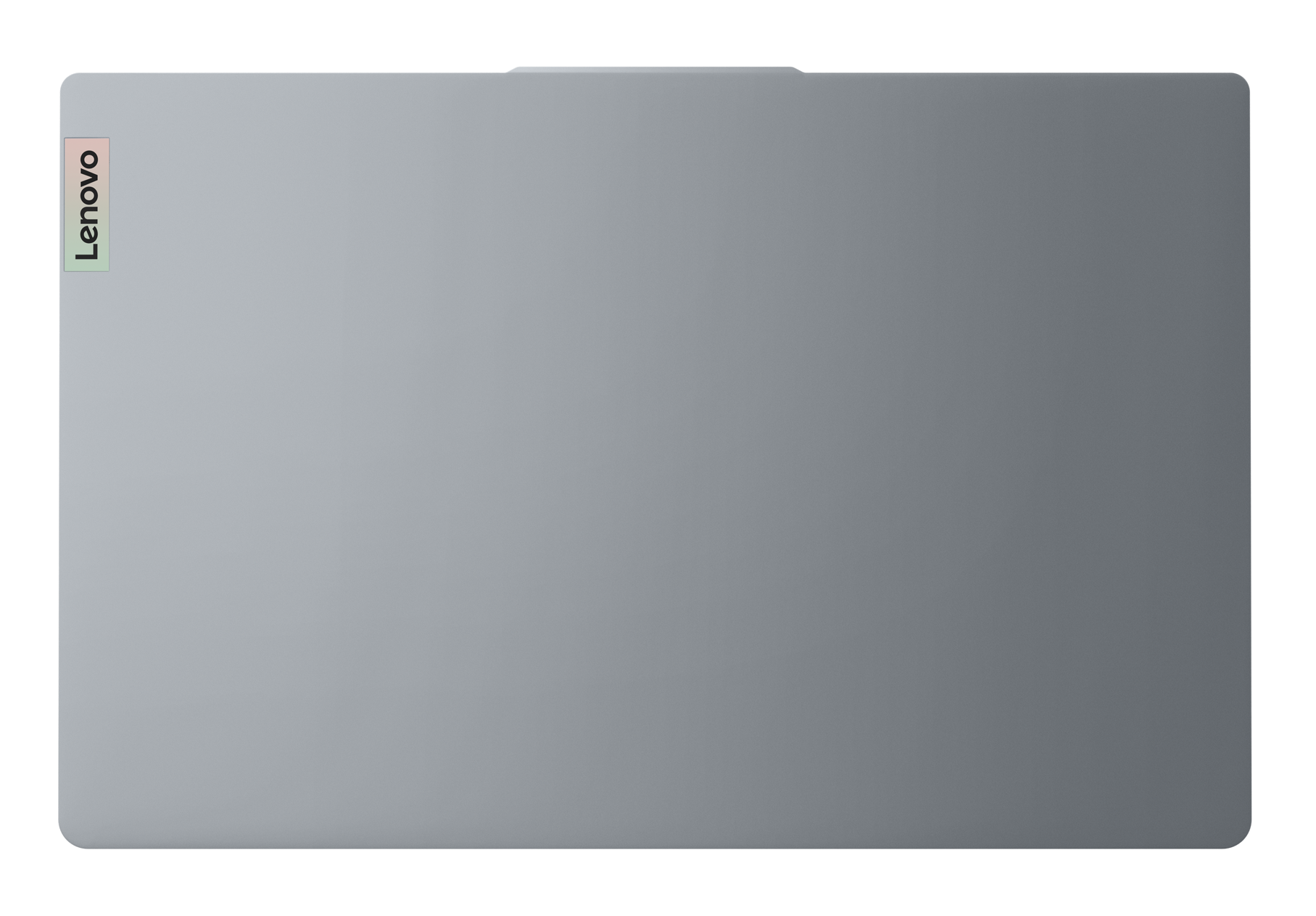 Pokrywa szarego laptopa Lenovo jest pokazana. Logo Lenovo znajduje się w lewym górnym rogu. Pokrywa jest gładka i odblaskowa.