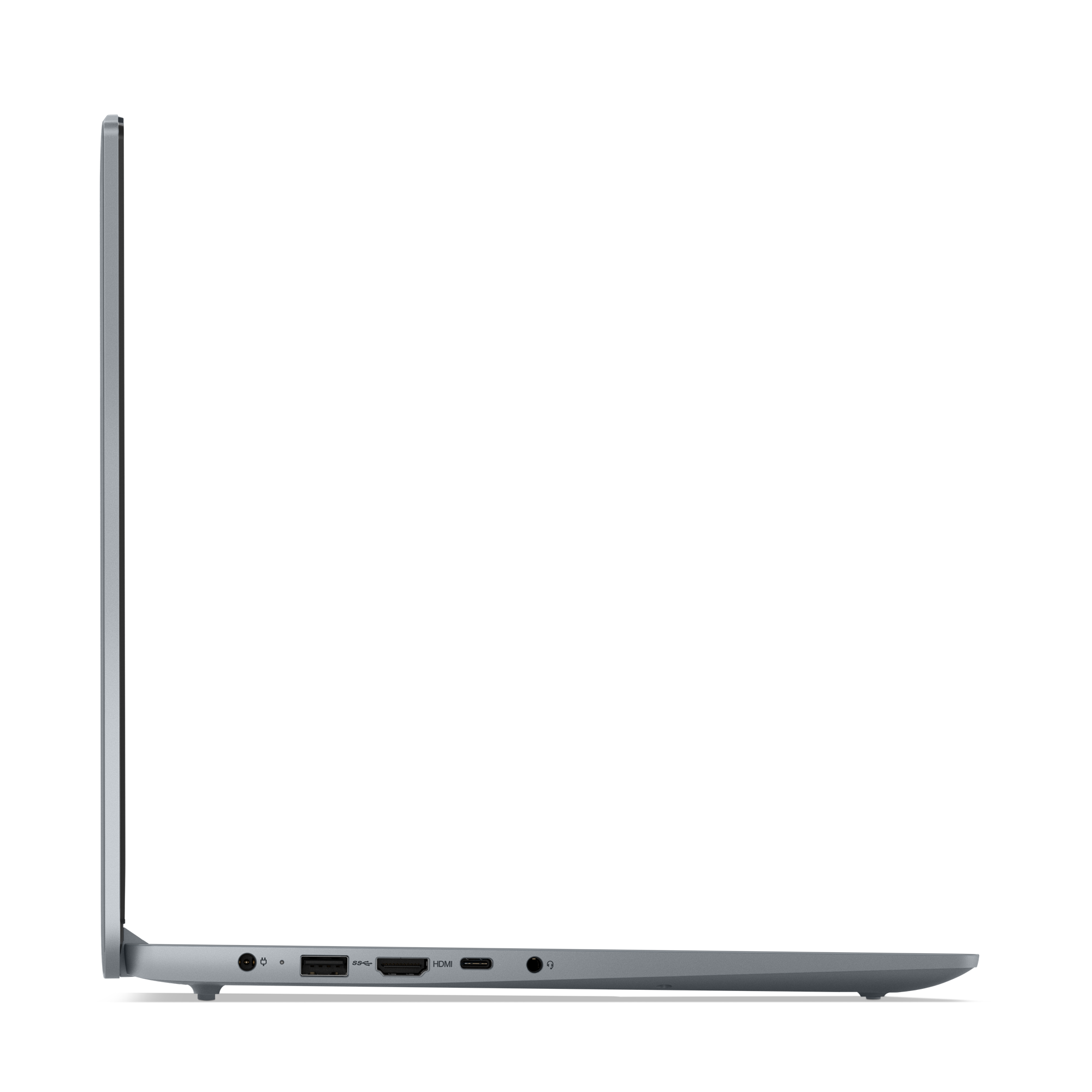 Widok z boku jasnoszarego laptopa. Powierzchnia ma pionowe linie. Bok ma porty: USB, HDMI i gniazdo słuchawkowe.