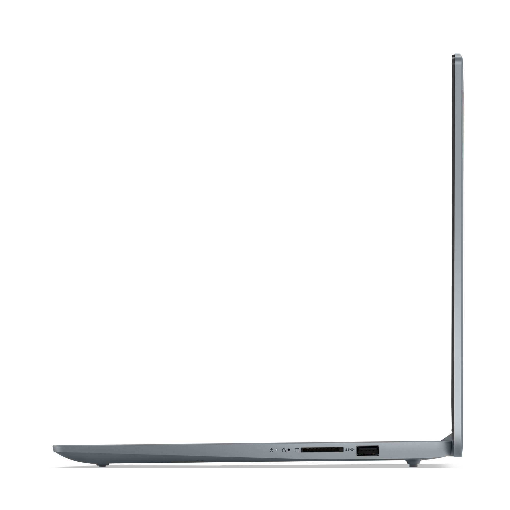 Widok z boku szarego laptopa. Ekran jest otwarty. Widoczne porty, w tym USB i audio.