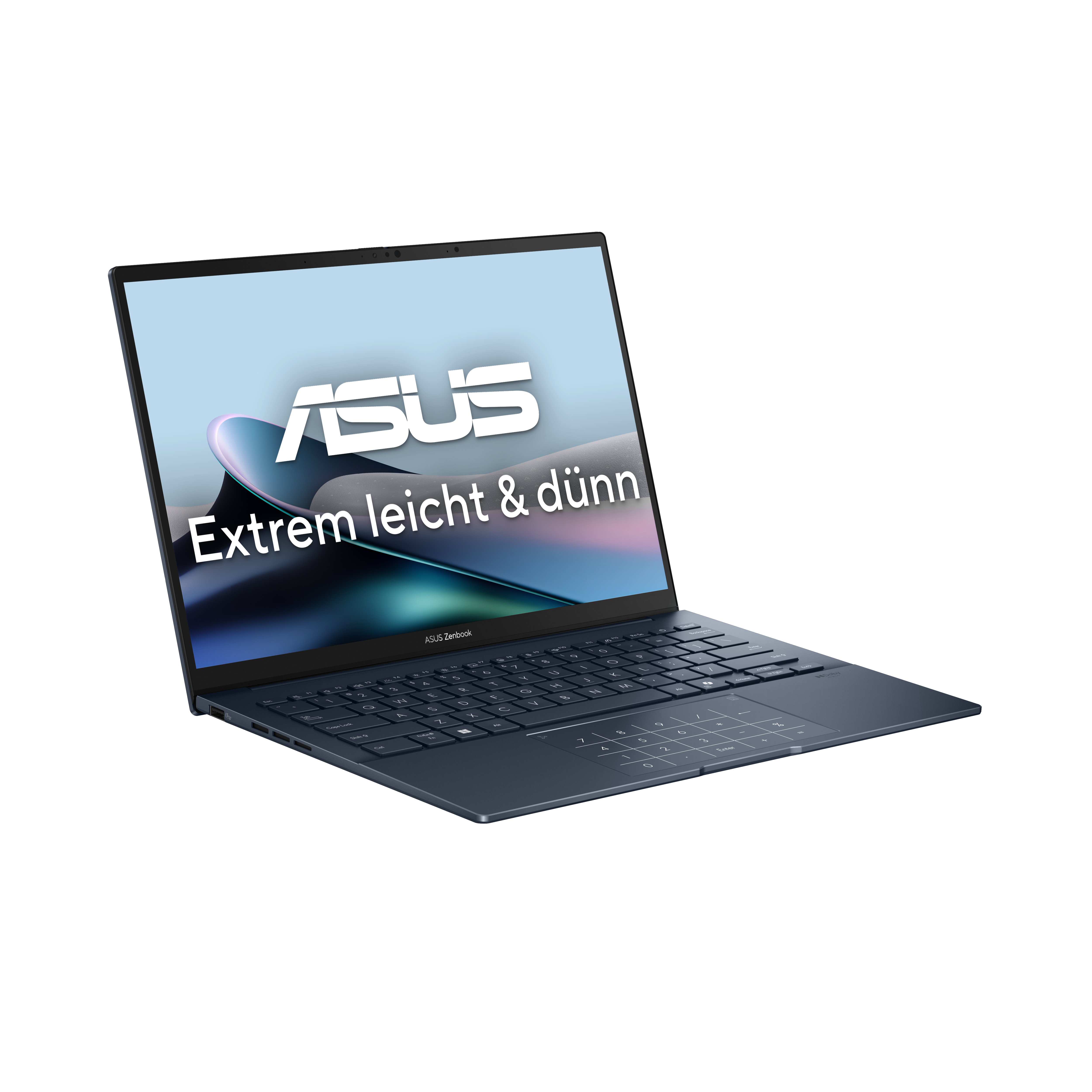 Ein dunkelblauer ASUS-Laptop ist leicht geöffnet auf schwarzem Hintergrund. Der Bildschirm zeigt das ASUS-Logo und Text.