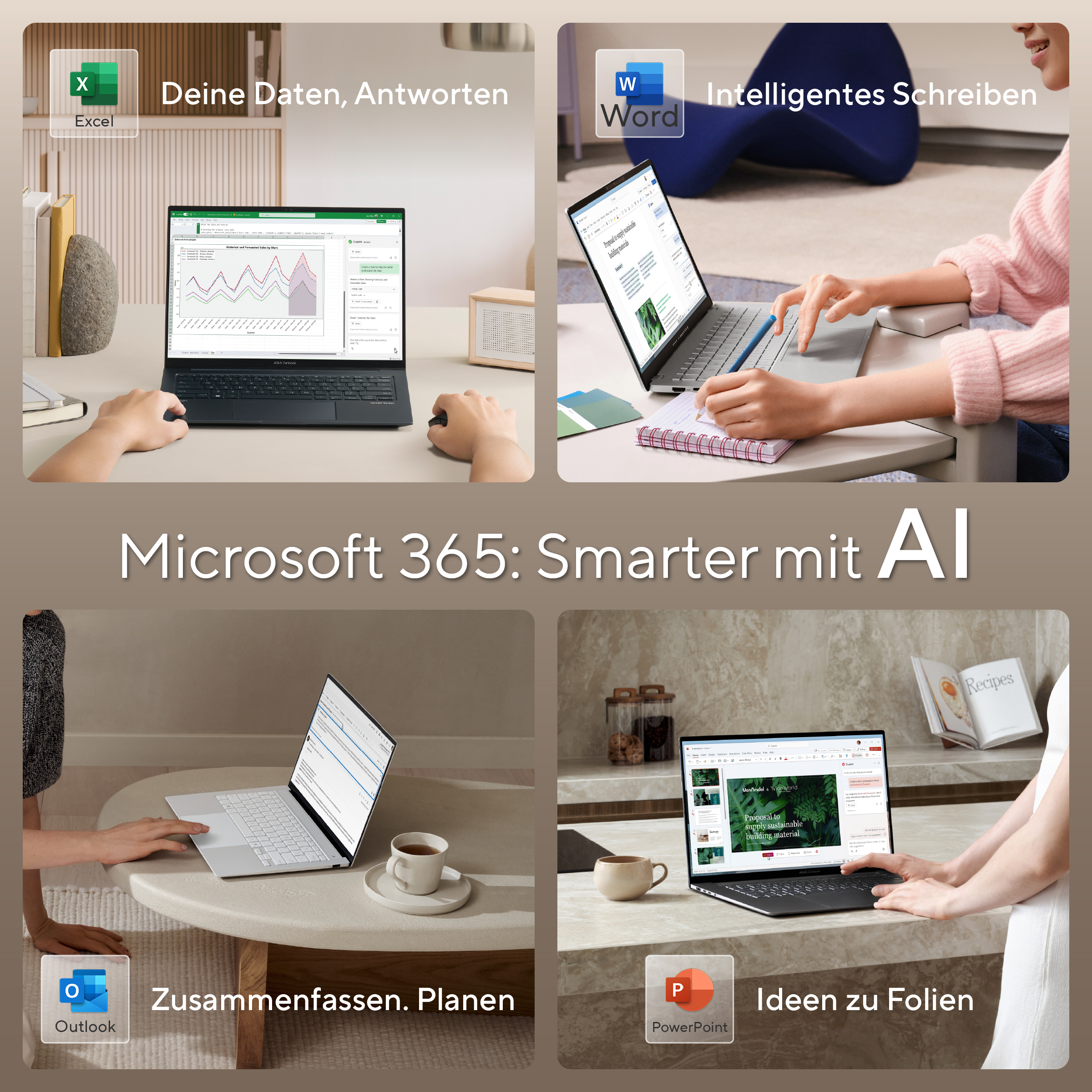 Microsoft 365-Anzeige: Excel, Word, Outlook und PowerPoint werden auf Laptops gezeigt. Hände benutzen sie, und KI wird erwähnt.