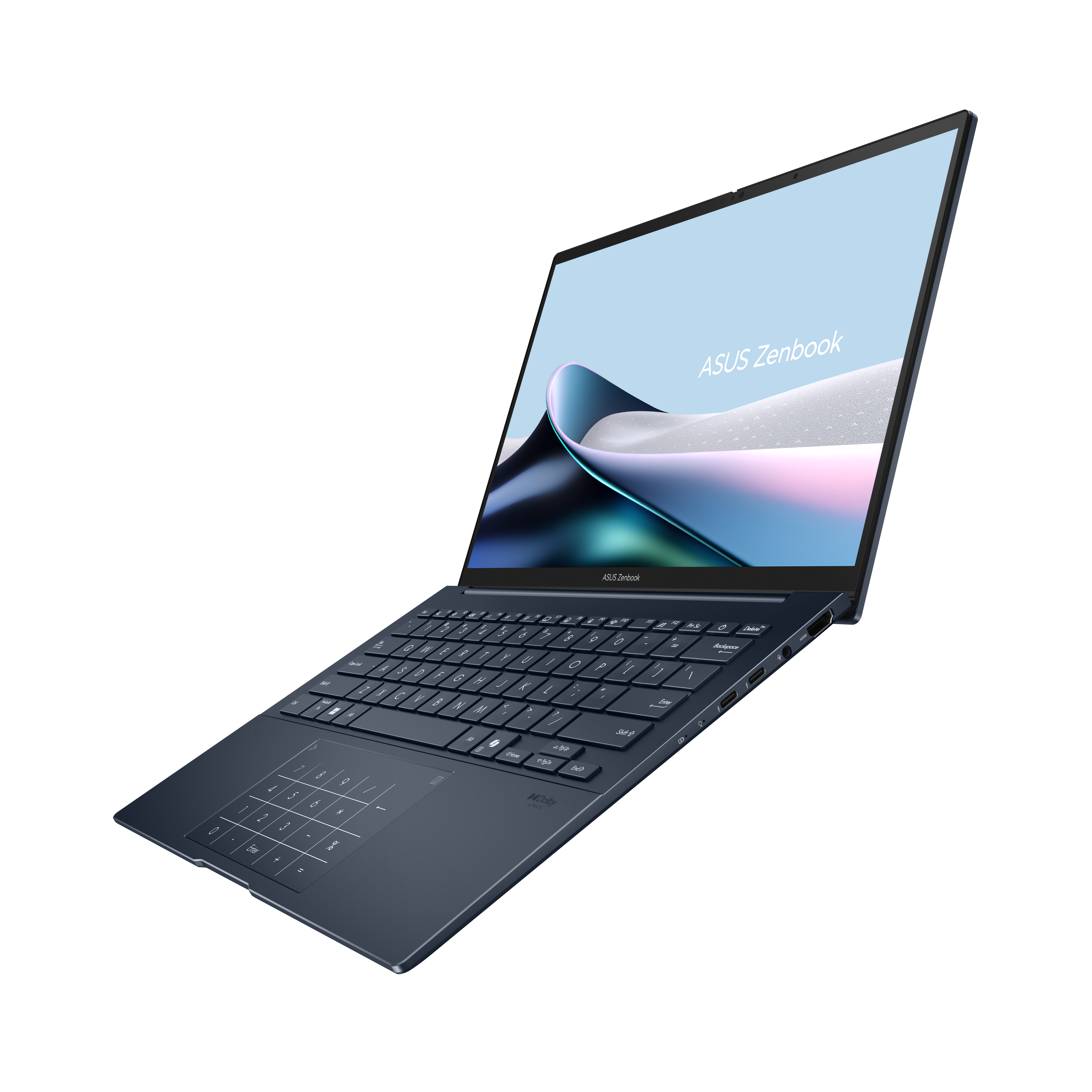 Dunkelblauer ASUS Zenbook-Laptop auf schwarzem Hintergrund. Der Bildschirm zeigt einen hellblauen Hintergrund mit Text.