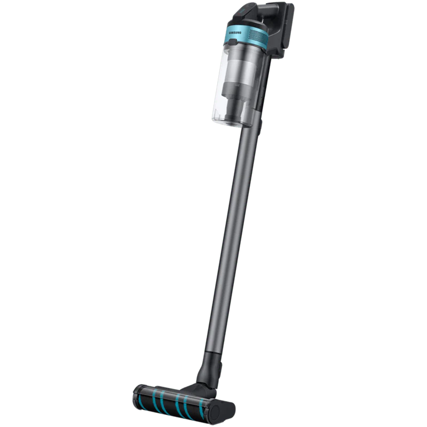 A cordless Samsung vacuum cleaner. It has a black and gray body with blue accents. The vacuum is on a black background.
