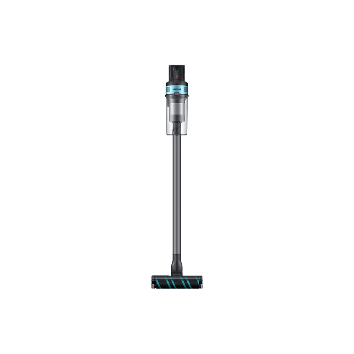 A Samsung cordless vacuum cleaner. It's black with blue accents, standing upright against a black background.