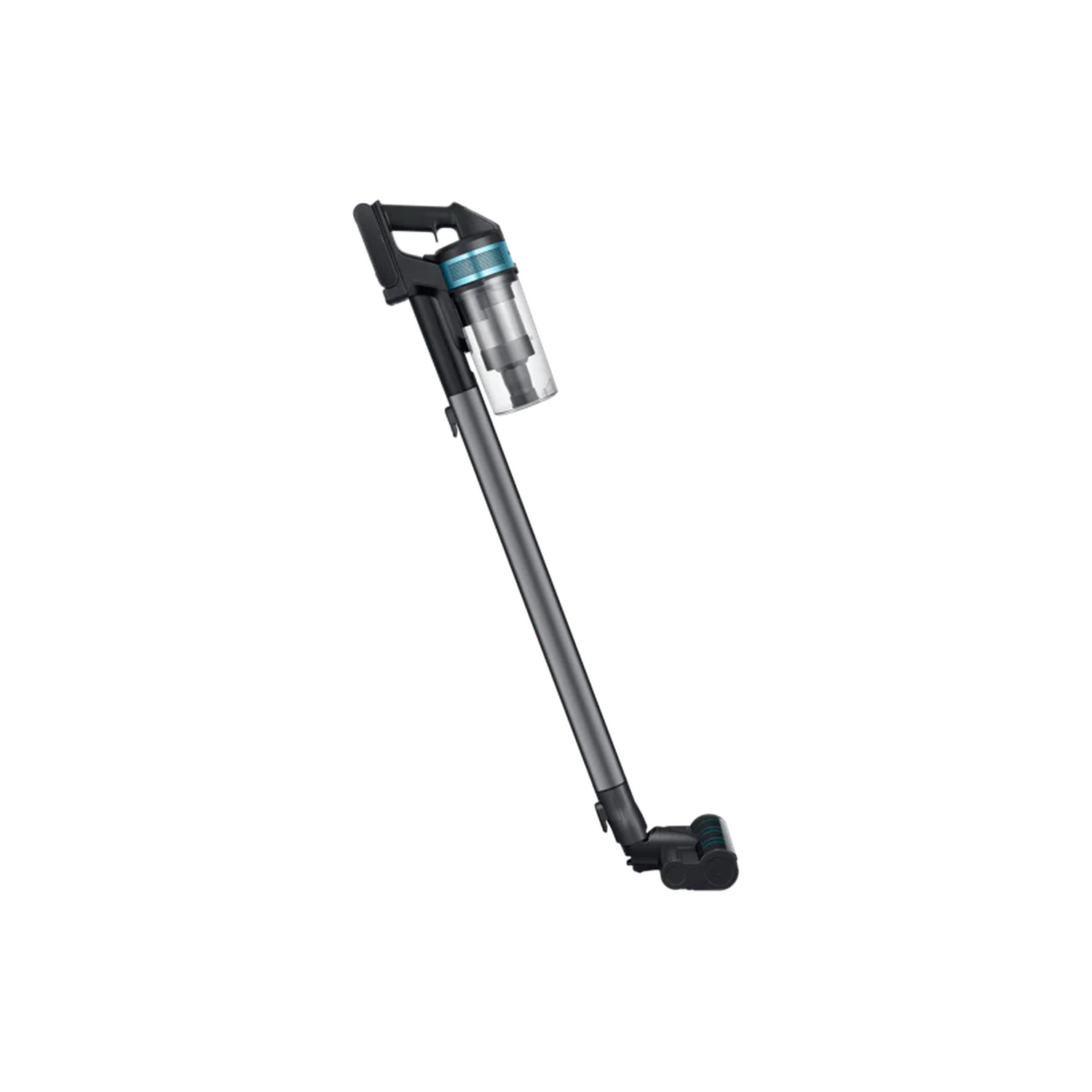 A cordless vacuum cleaner with a black and gray body, a transparent dustbin, and a teal accent on the handle.