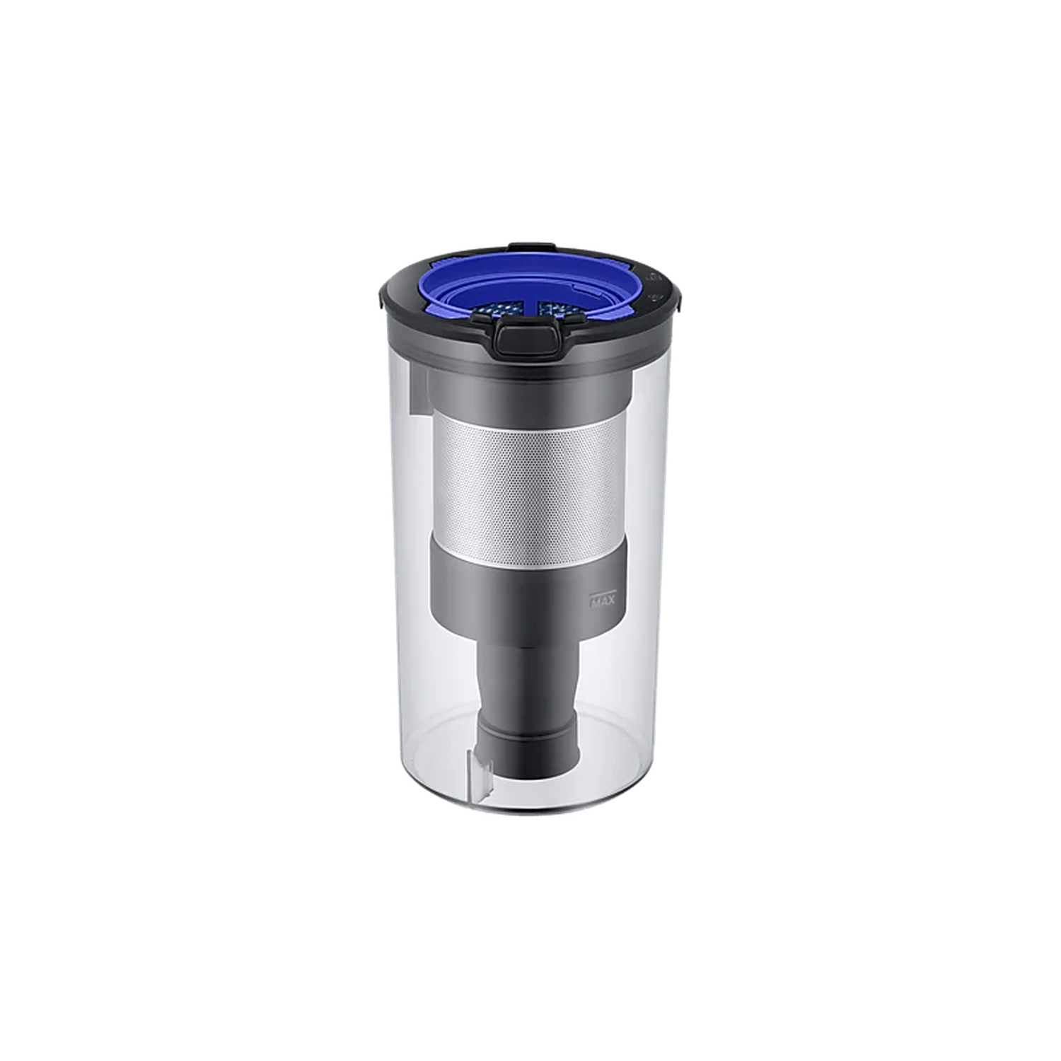 Vacuum cleaner dustbin. Clear plastic container with a blue top and a silver filter inside. Black background.