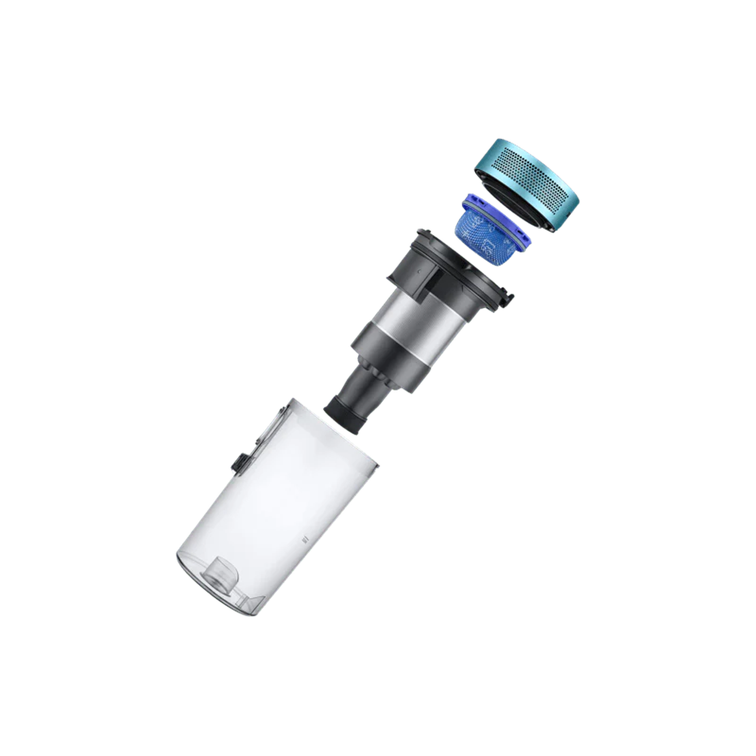 Vacuum cleaner components, including filter, dustbin, and motor, are separated against a black background. The design is modern and clean.