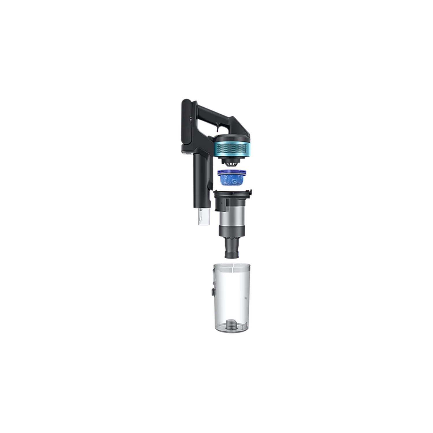Cordless vacuum cleaner, disassembled. Black and silver body with blue filter. Clear dustbin detached below.