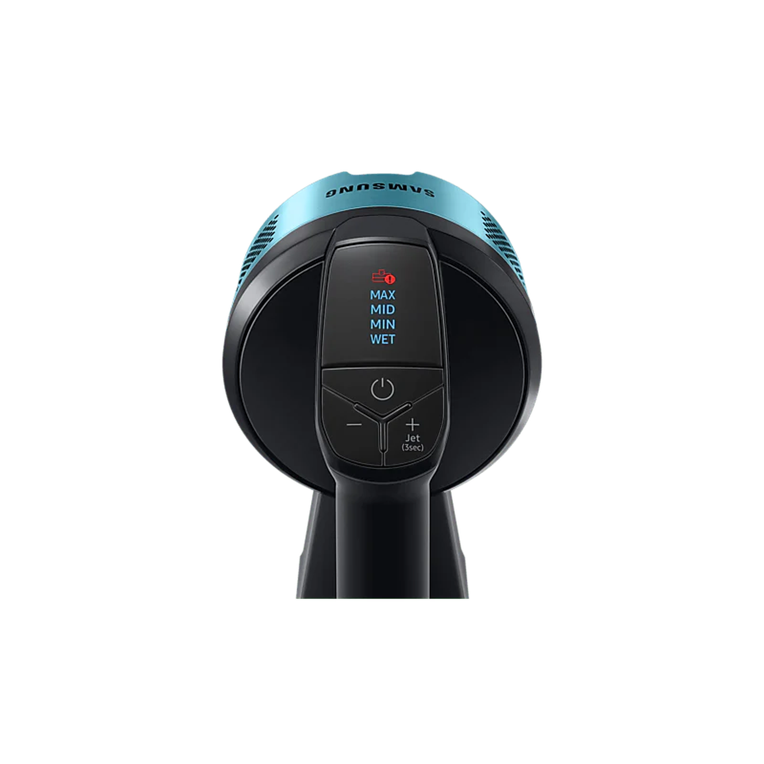 Black and blue vacuum cleaner detail. Features power, mode, and jet settings. Samsung logo is visible.