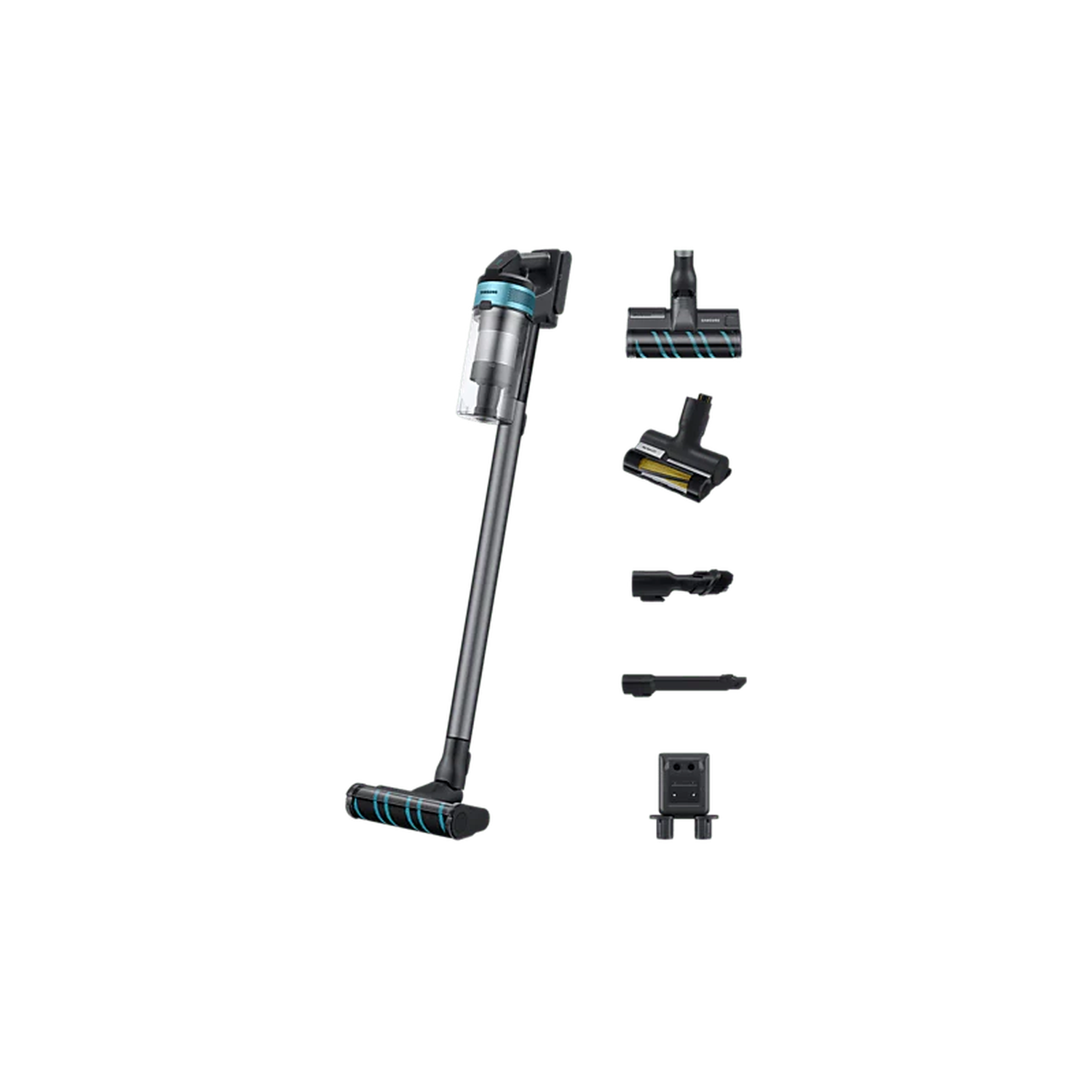 A cordless vacuum cleaner with multiple attachments. The main unit is silver and black, with turquoise accents. Various nozzles are displayed.