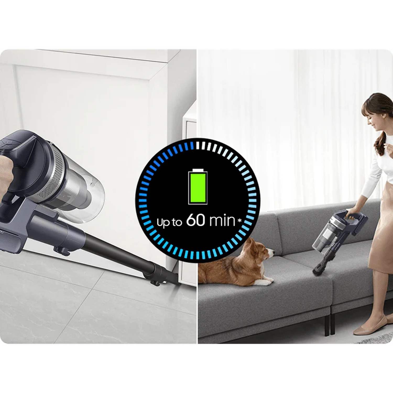 A woman vacuums a sofa. A dog lies on the sofa. A vacuum cleaner is used on the floor. Battery life is up to 60 minutes.