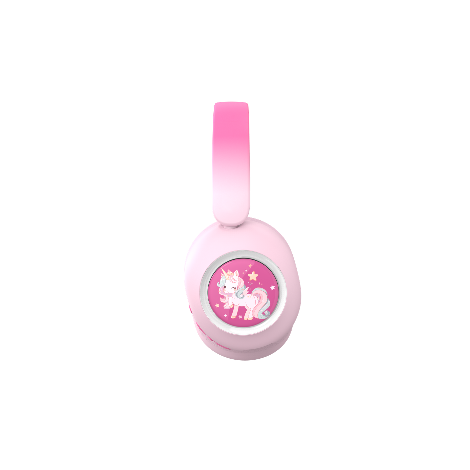 Pink children's headphones. Earcups have a unicorn image. Headband fades from pink to white. The background is black.