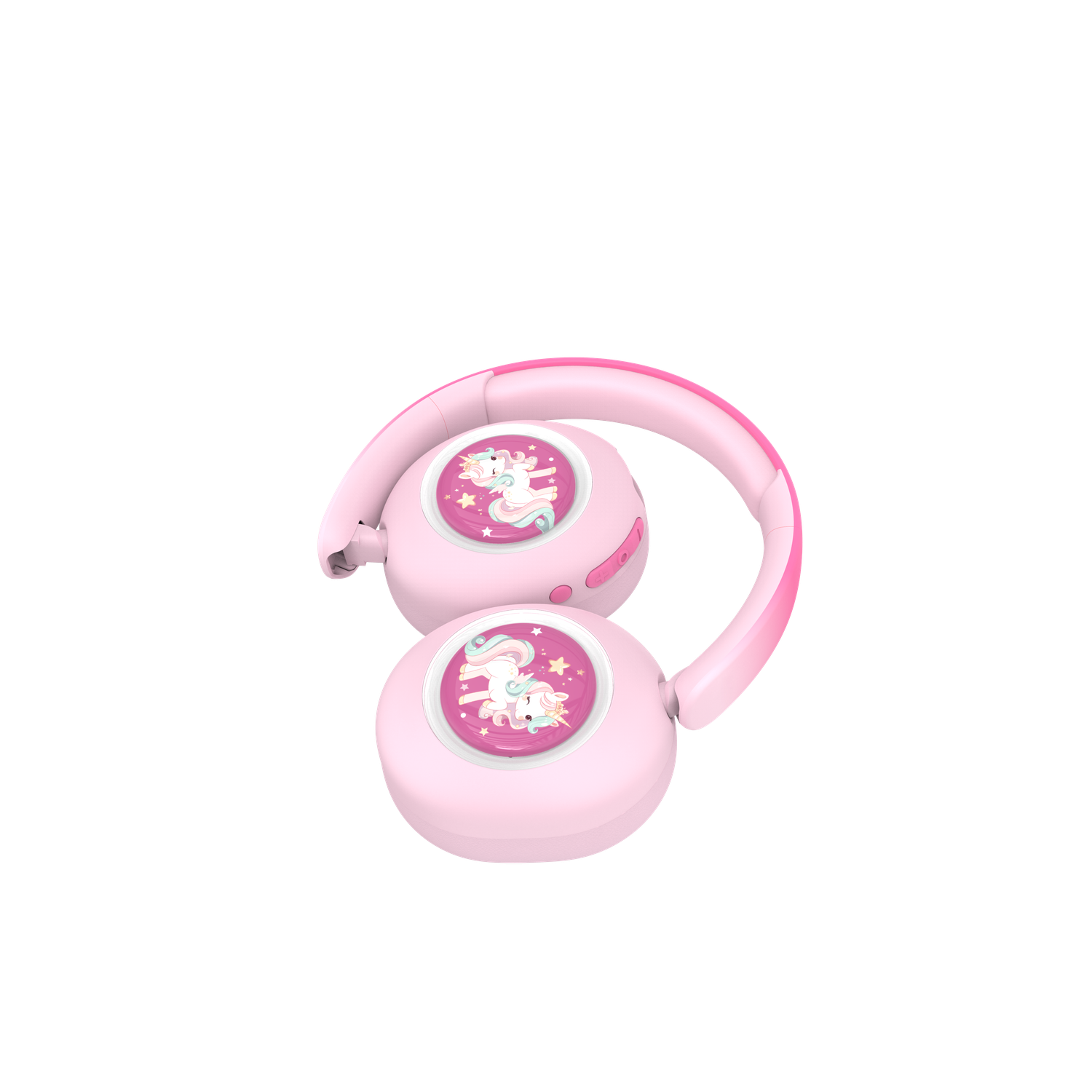 Pink foldable headphones with unicorn design on ear cups. The background is black.