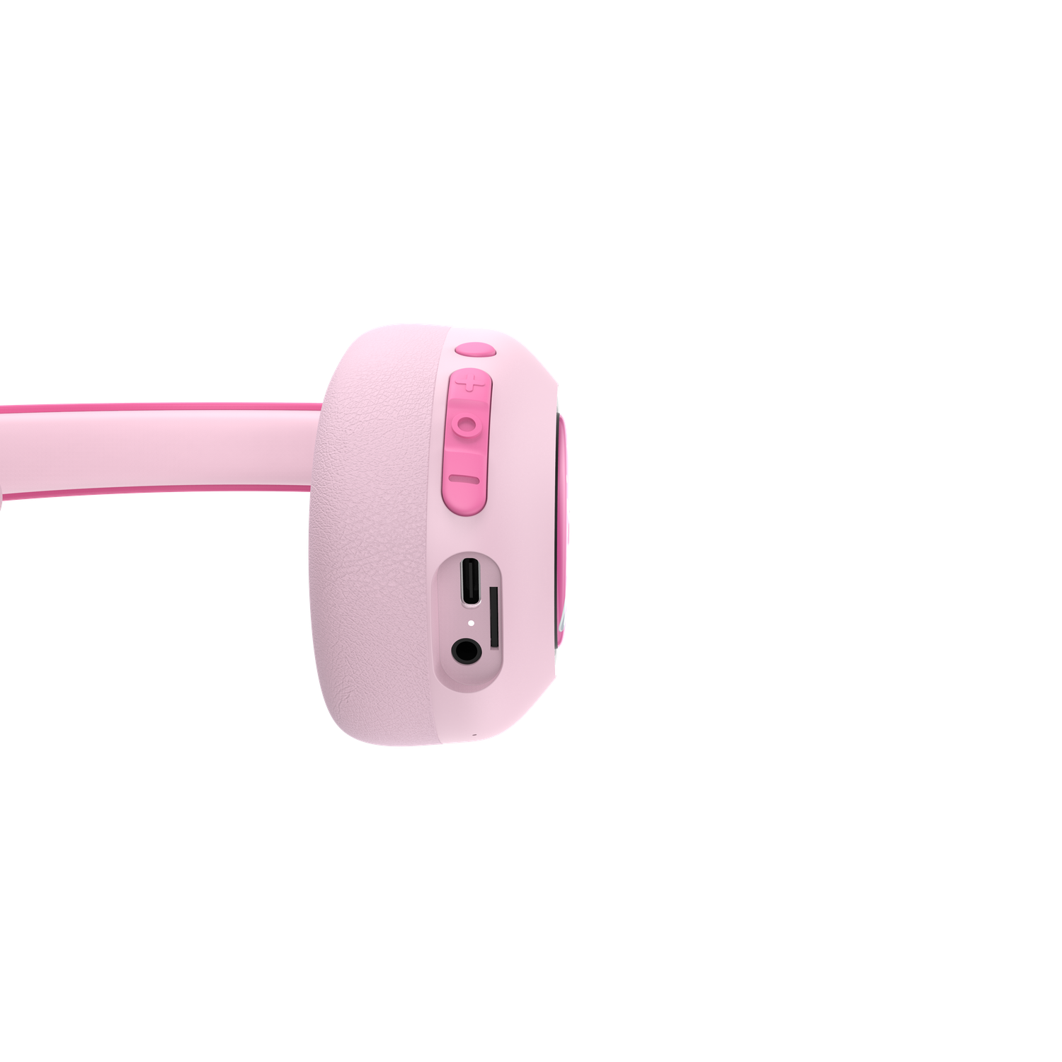 Pink headphones with controls and ports on a side panel, on a black background. The headband is visible.