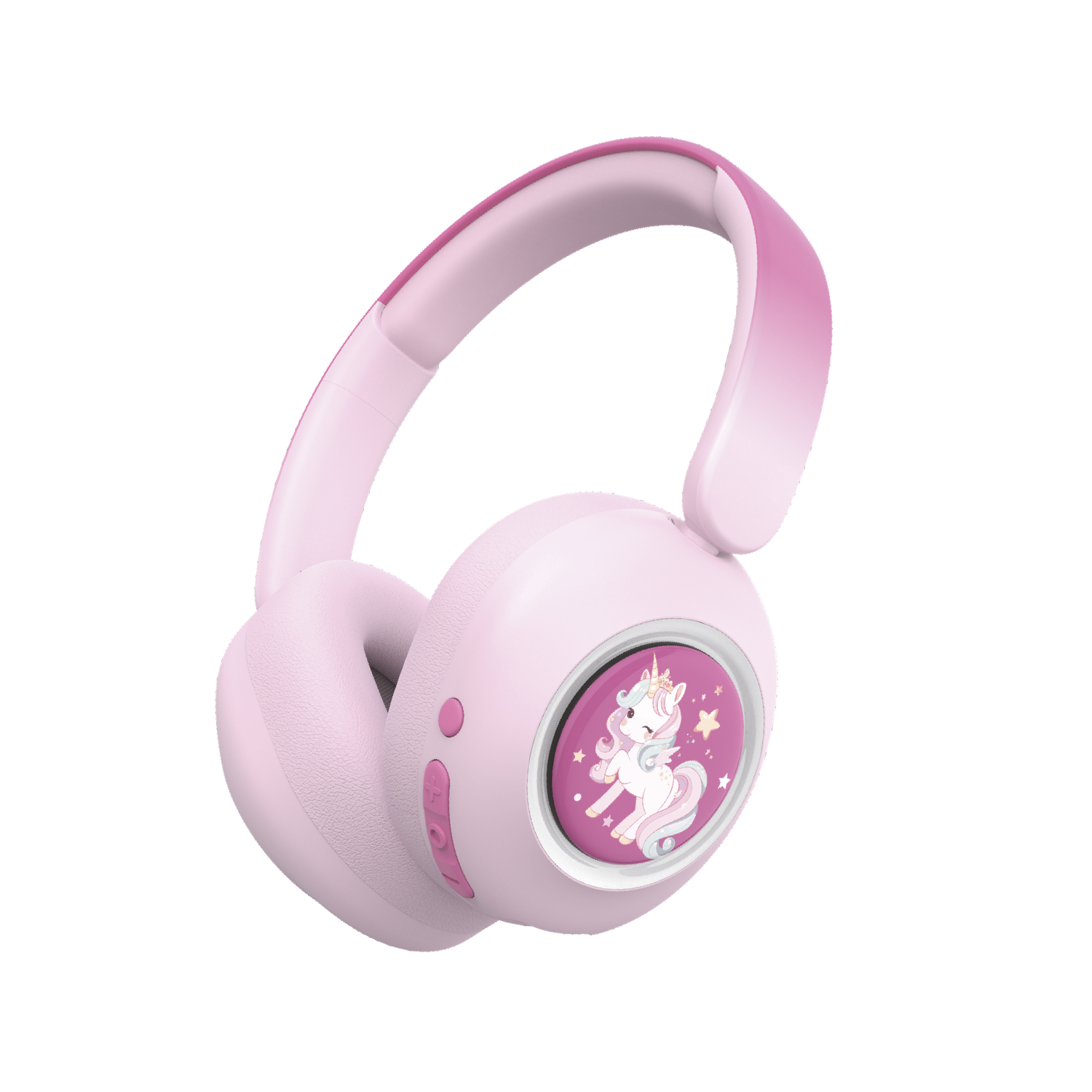 Pink headphones with a unicorn design on the ear cup, set against a black background. The headband has a gradient effect.