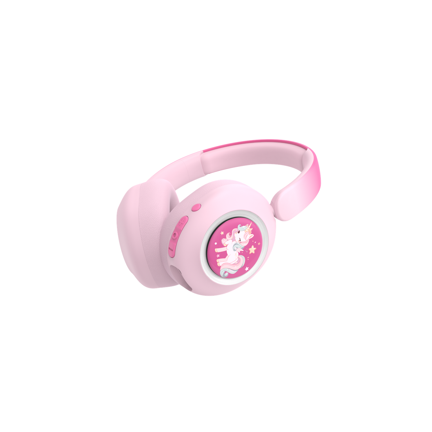 Pink headphones with a unicorn design on the ear cup. The background is black.