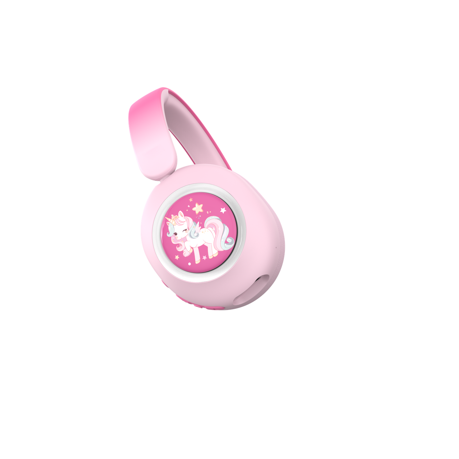 Pink headphones with a unicorn design on the earcup. The headband is also pink. The background is black.