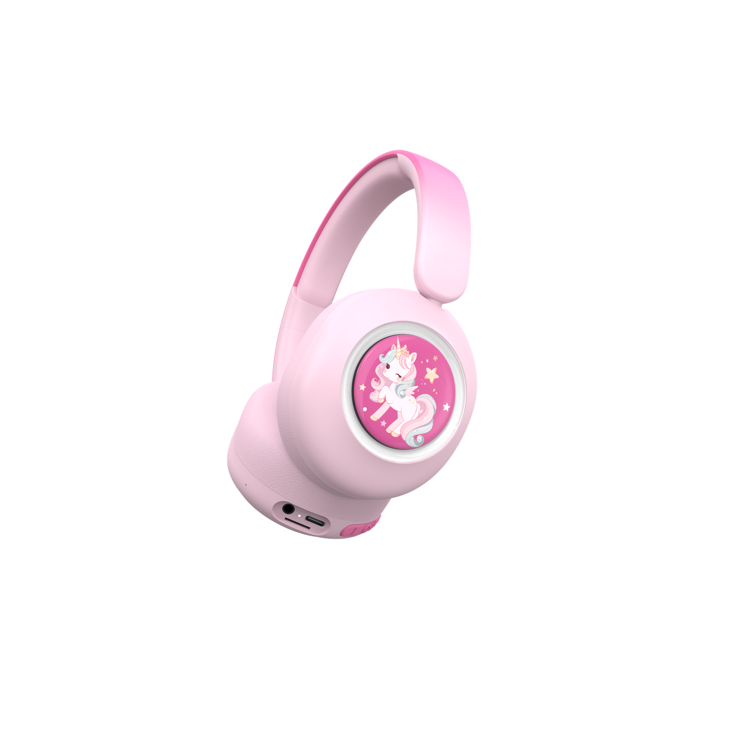 Pink headphones with a unicorn design on the ear cup, with a black background.
