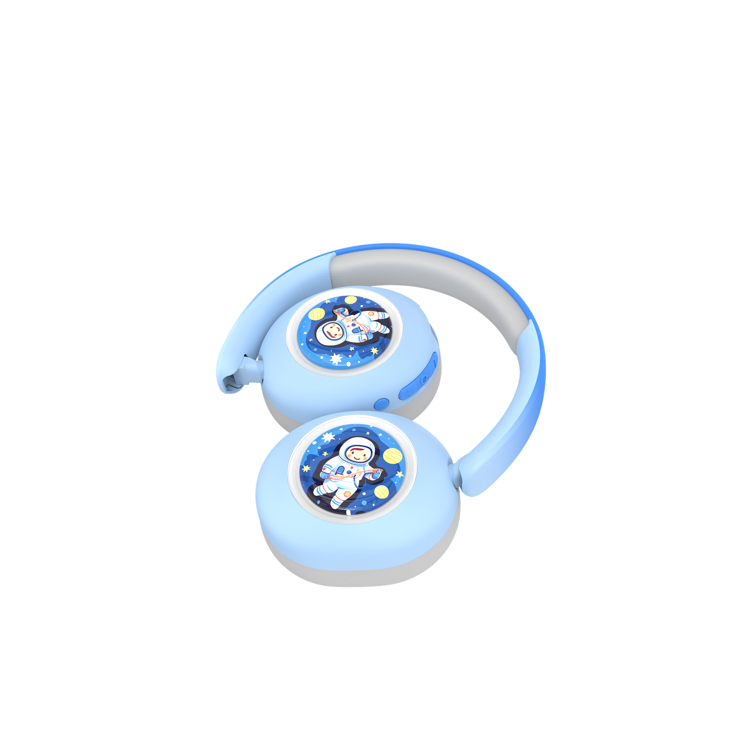Blue and white child's headphones with astronaut designs on the earcups. The headphones are folded against a black background.