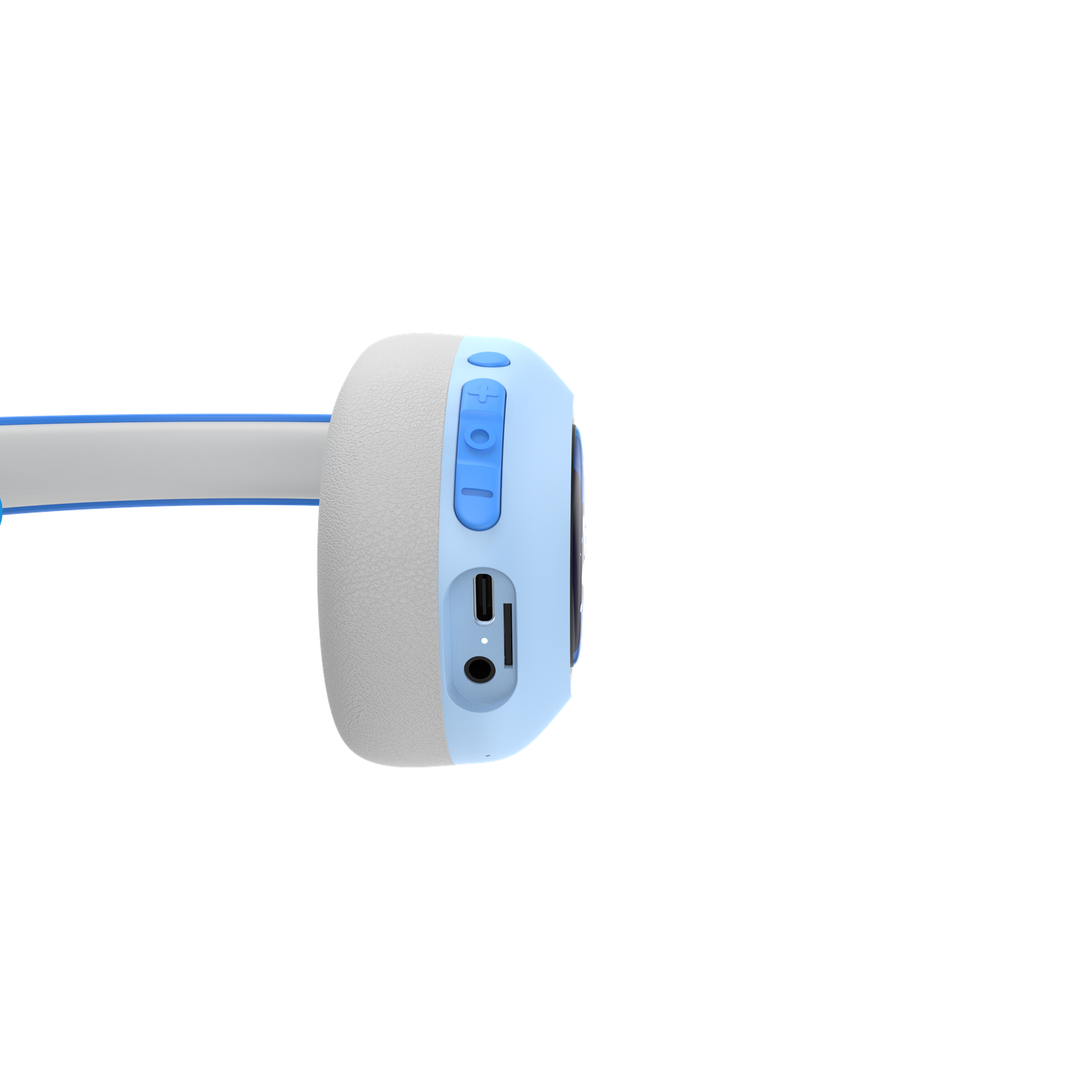 A blue and gray headset side view. It has buttons and ports. The background is solid black, and the headset is brightly lit.