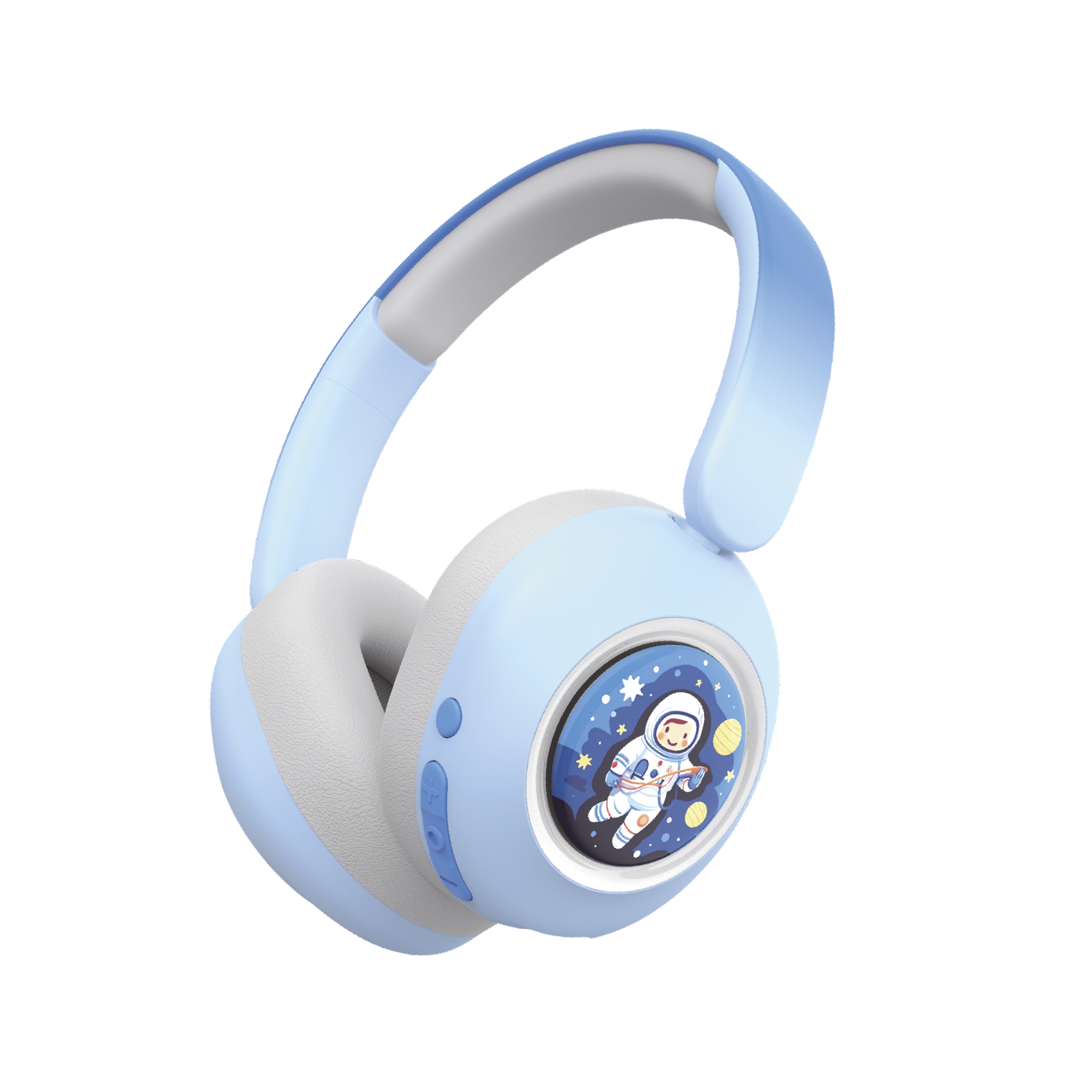 Light blue headphones with white padding and a design of an astronaut in space. Buttons on ear cup. Black background.