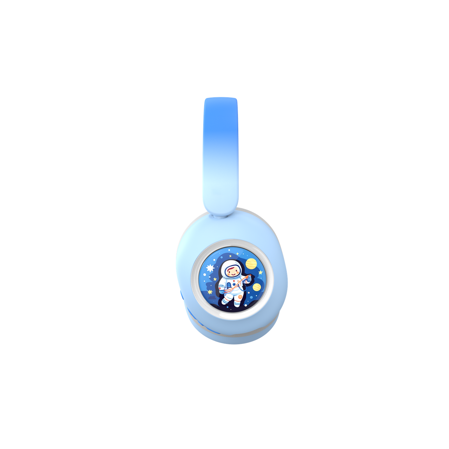 Light blue headphones with astronaut illustration. The design shows an astronaut floating in space, surrounded by stars and planets.