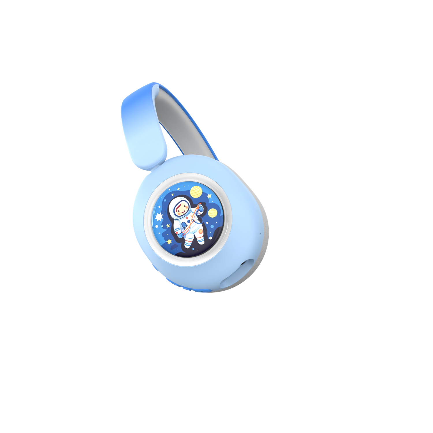A blue headset with an astronaut illustration on the ear cup. The background is black. The strap is light blue and gray.