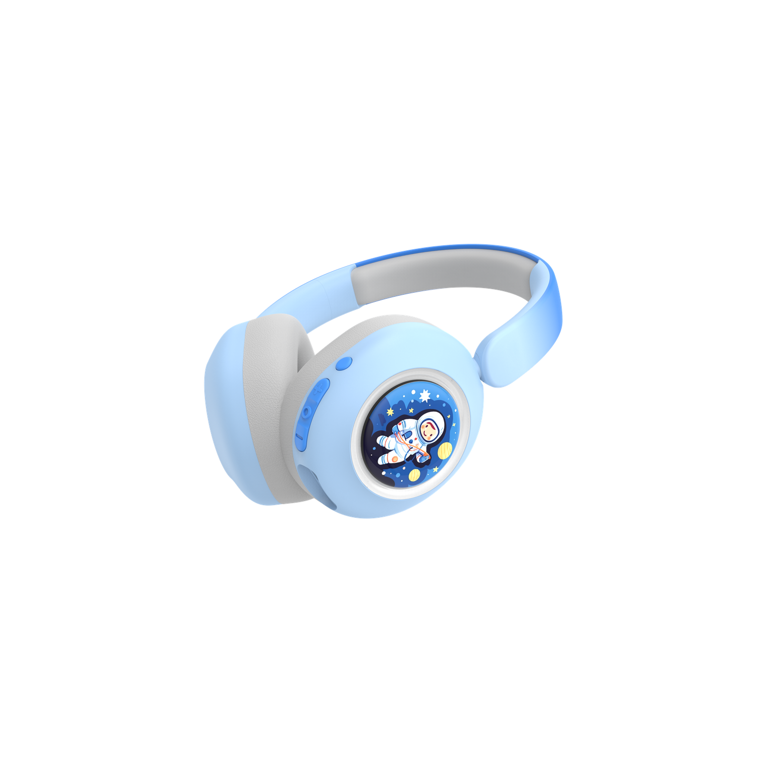 Light blue headphones with a cartoon astronaut on the ear cup. The background is black.