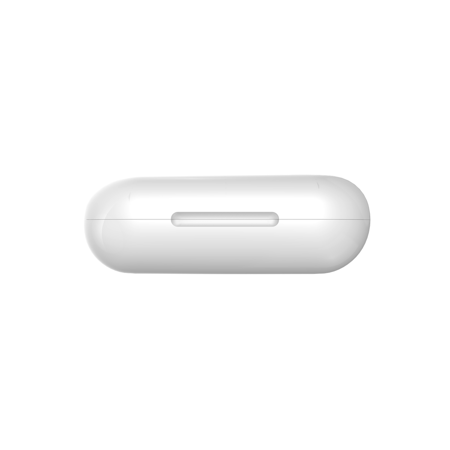 Een witte, ovaalvormige oplaadcase voor oortelefoons met een kleine inkeping aan de voorkant. De achtergrond is zwart.