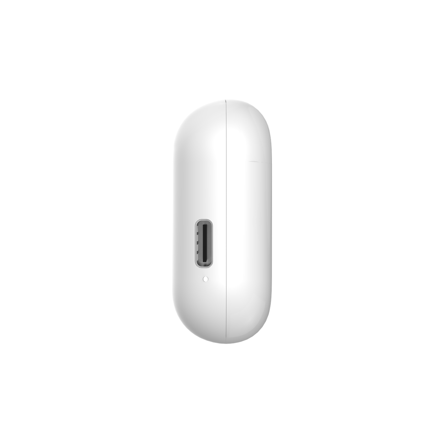 Witte, ovale oplaadcase op zwarte achtergrond. Voorzien van een oplaadpoort en een klein lampje. De case is iets geopend.