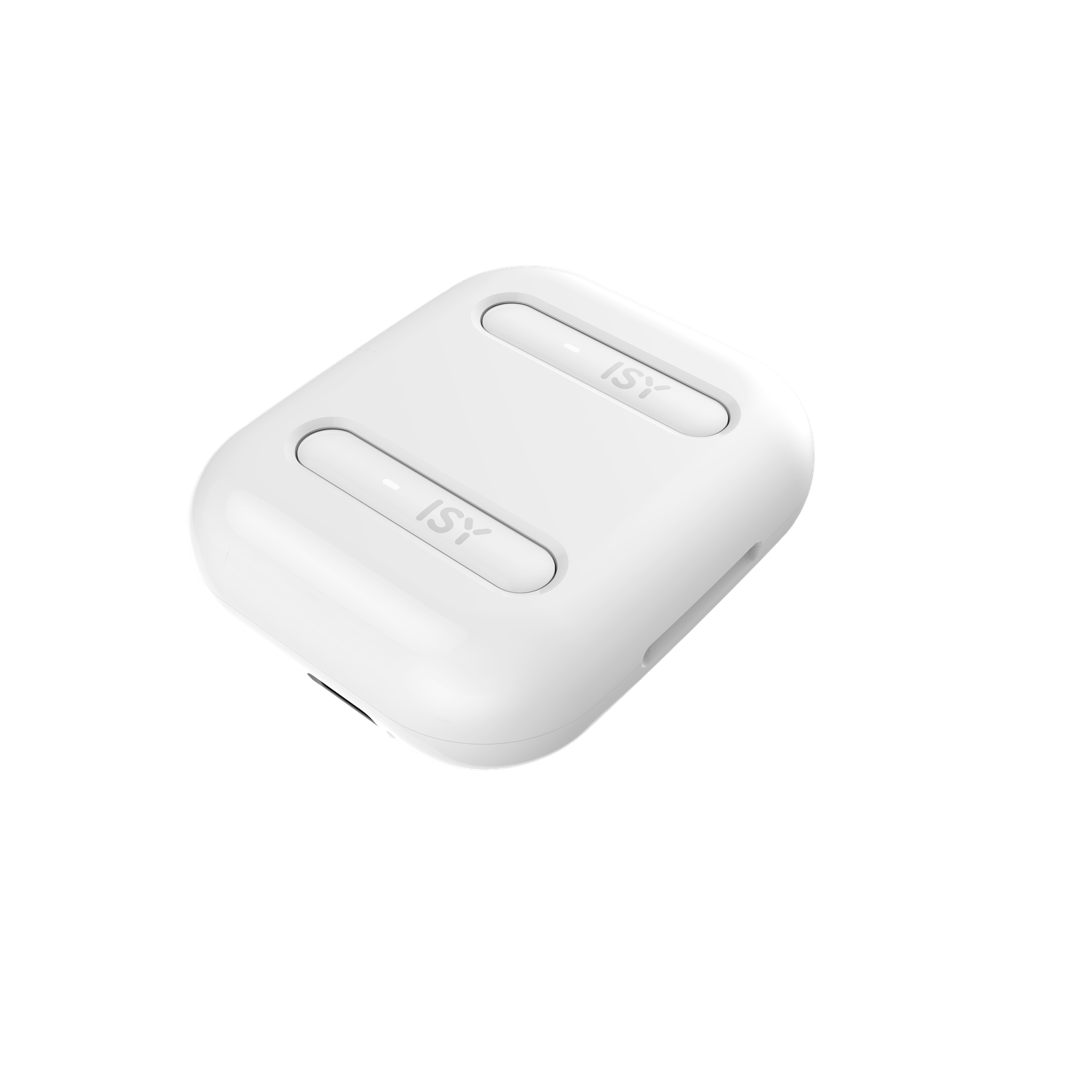Een witte, afgeronde oplaadcase met twee verhoogde knoppen, elk met het label 'ISY'. De achtergrond is zwart.