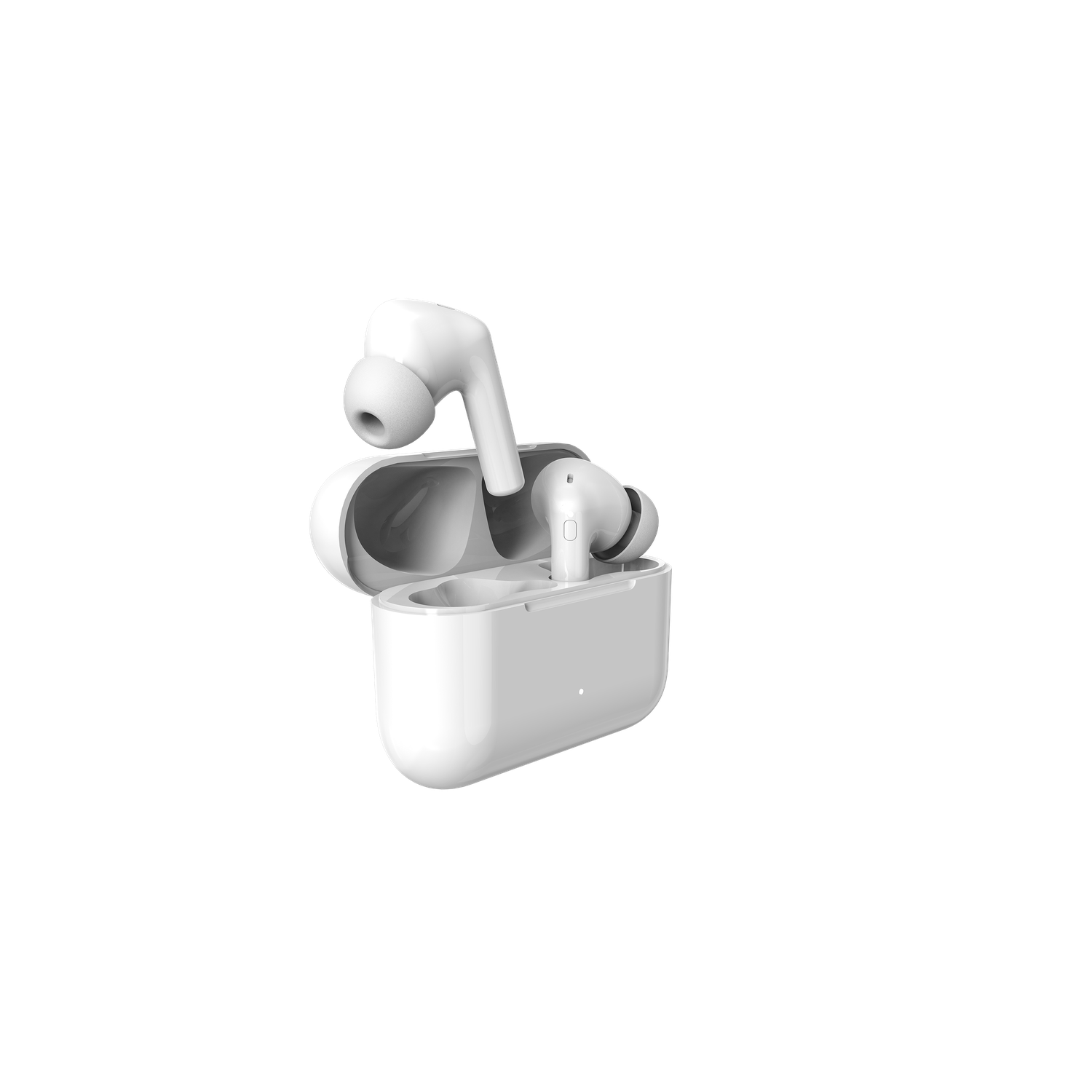 White wireless earbuds in charging case. One earbud is out, the other is inside. The background is black.