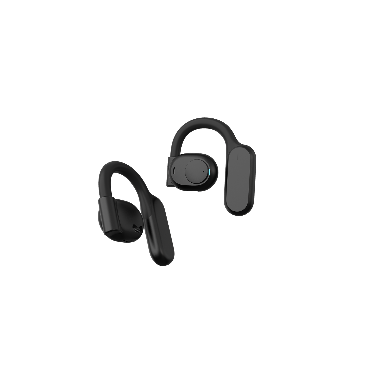 Écouteurs sans fil noirs sur fond noir. Les écouteurs ont un design incurvé qui s'adapte à l'oreille.