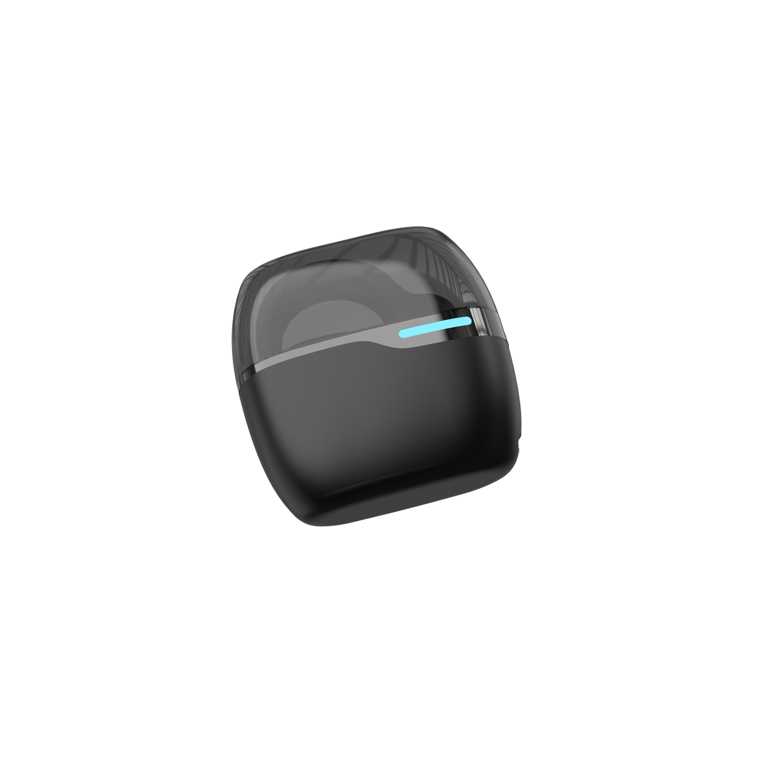 Un appareil électronique noir et arrondi avec un dessus transparent et une lumière bleue sur fond noir.