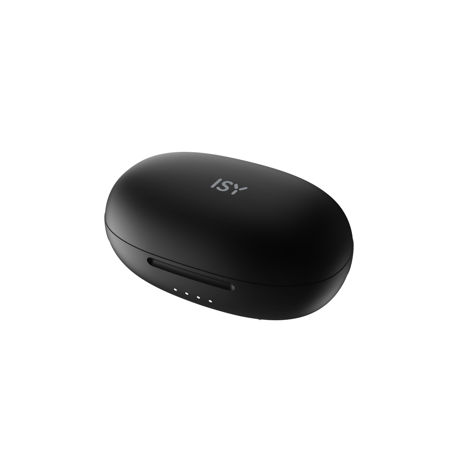 Een zwarte, ovale oplaadcase met het ISY-logo. Het heeft een kleine opening en vier witte indicatielampjes. De achtergrond is zwart.