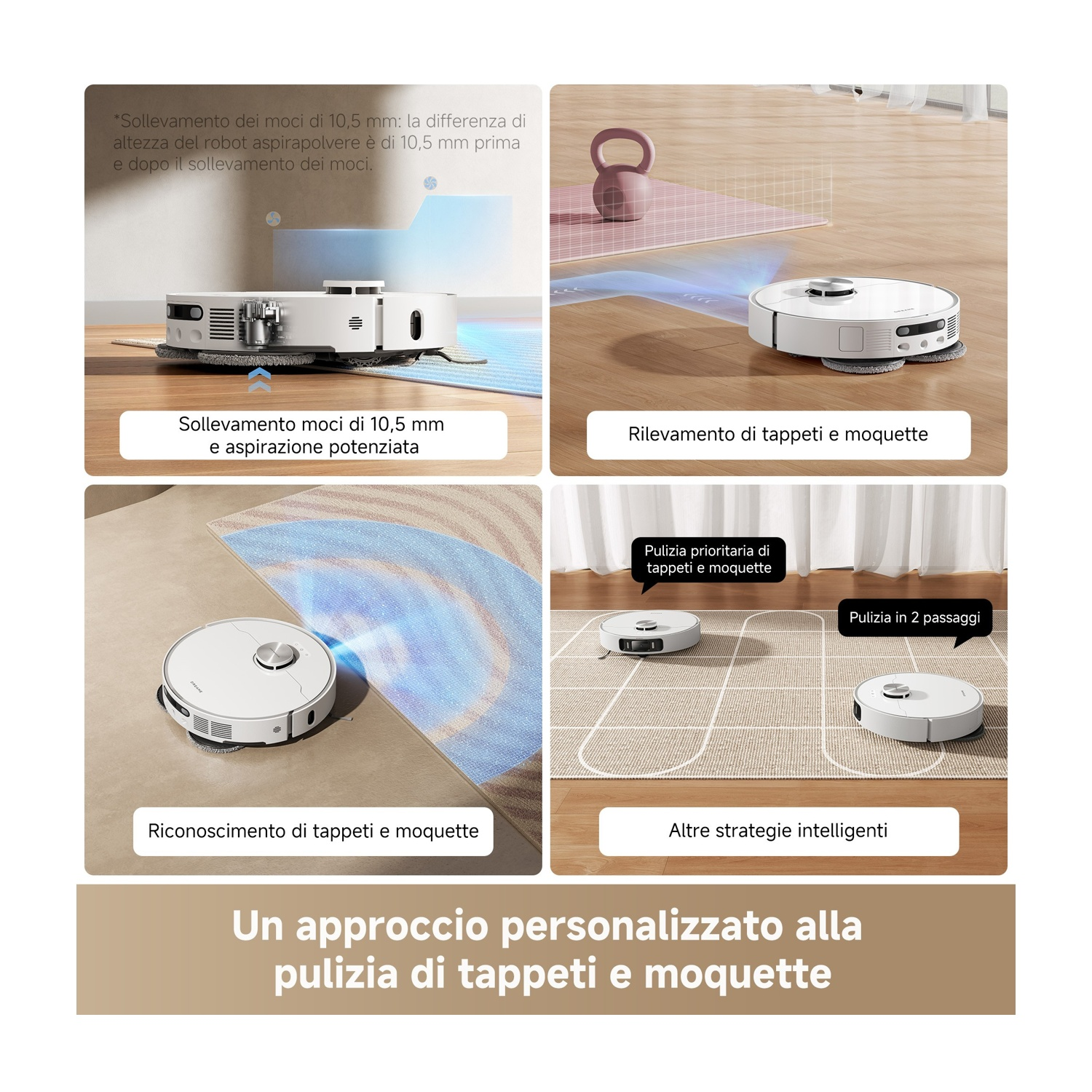 L'immagine mostra un robot aspirapolvere con diagrammi che spiegano le sue caratteristiche: rilevamento dei tappeti, strategie di pulizia e sollevamento del mop.