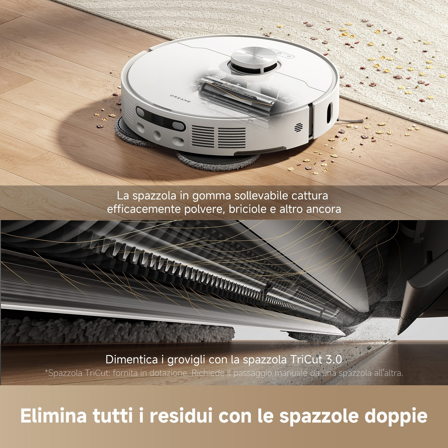Un aspirapolvere robotico bianco su un pavimento in legno. Polvere e detriti sono visibili. L'aspirapolvere è vicino a un tappeto beige.