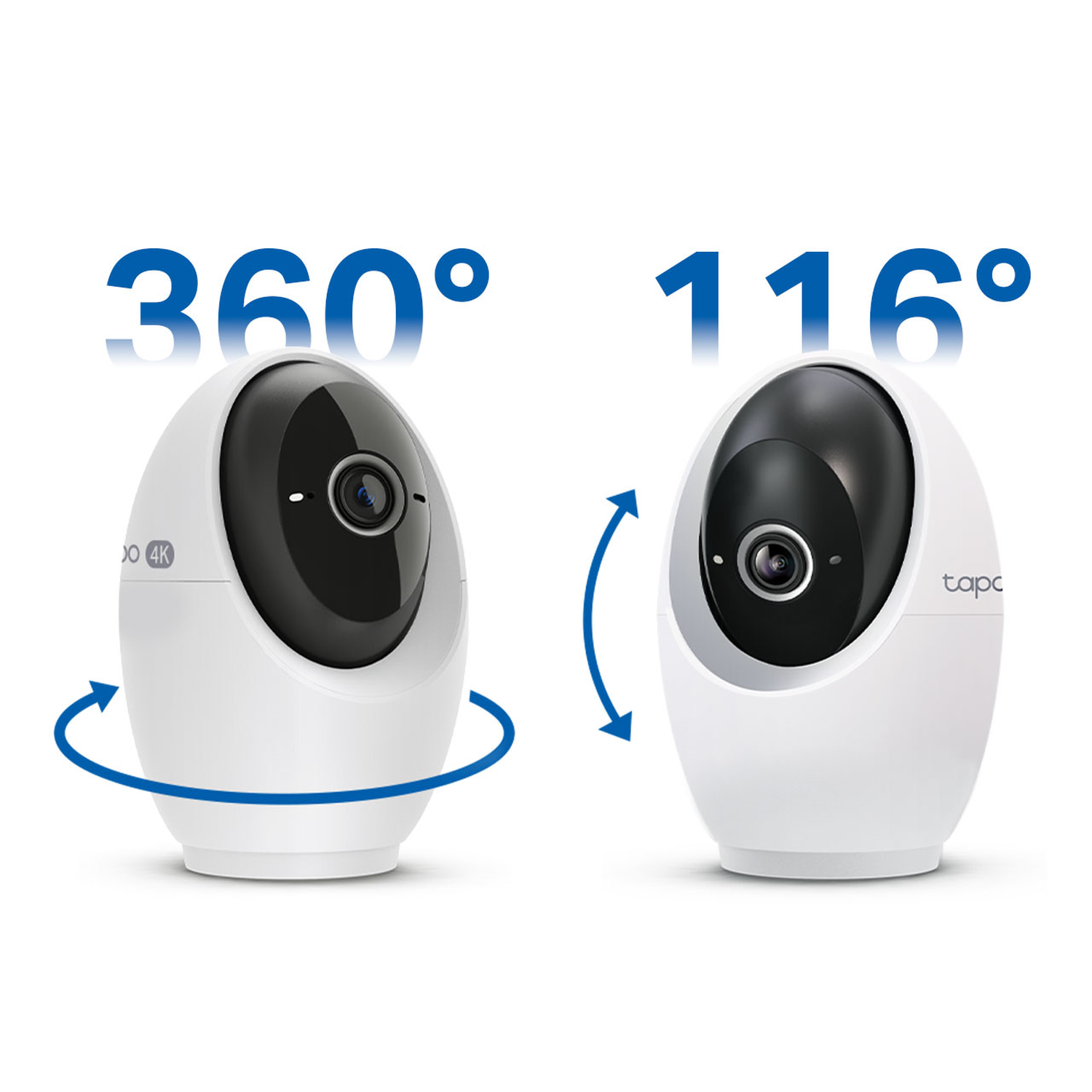 Two white security cameras. One shows 360° rotation, the other 116°. Both have black lenses. Blue arrows indicate movement.