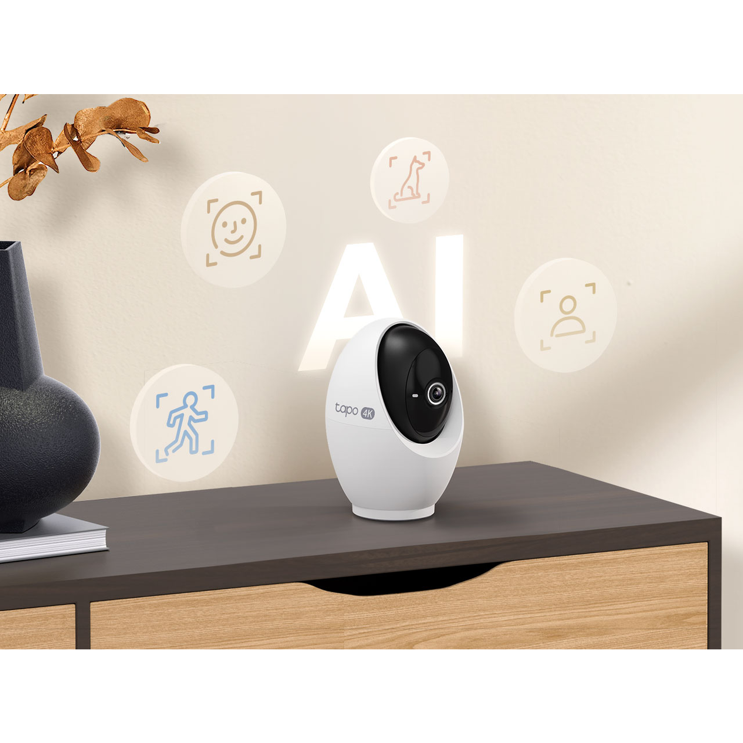 A white AI camera sits on a dark wooden surface. The word AI is visible behind it. Icons of detection surround the camera.
