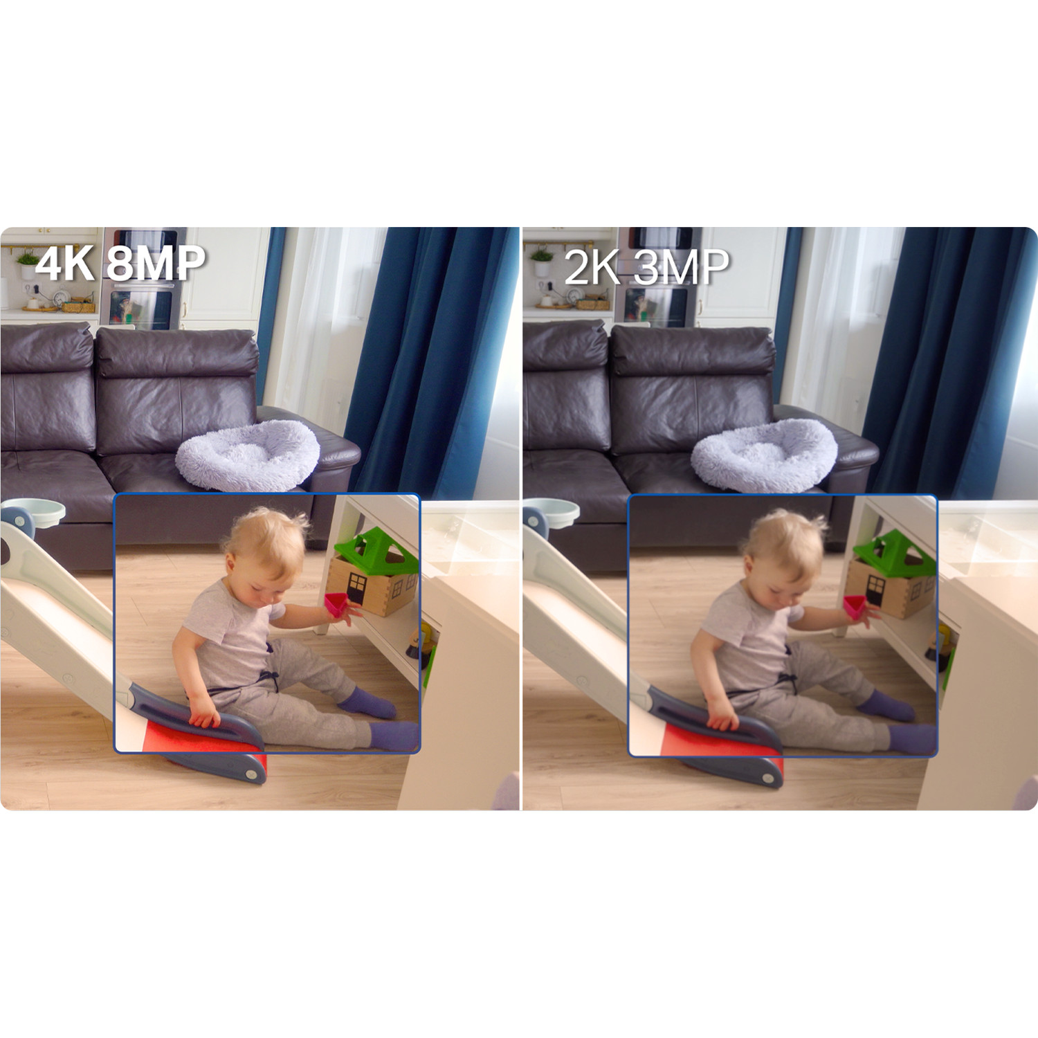 A toddler plays with toys on a slide, beside a sofa. The scene includes a house toy and a pet bed, with a 4K and 2K comparison.