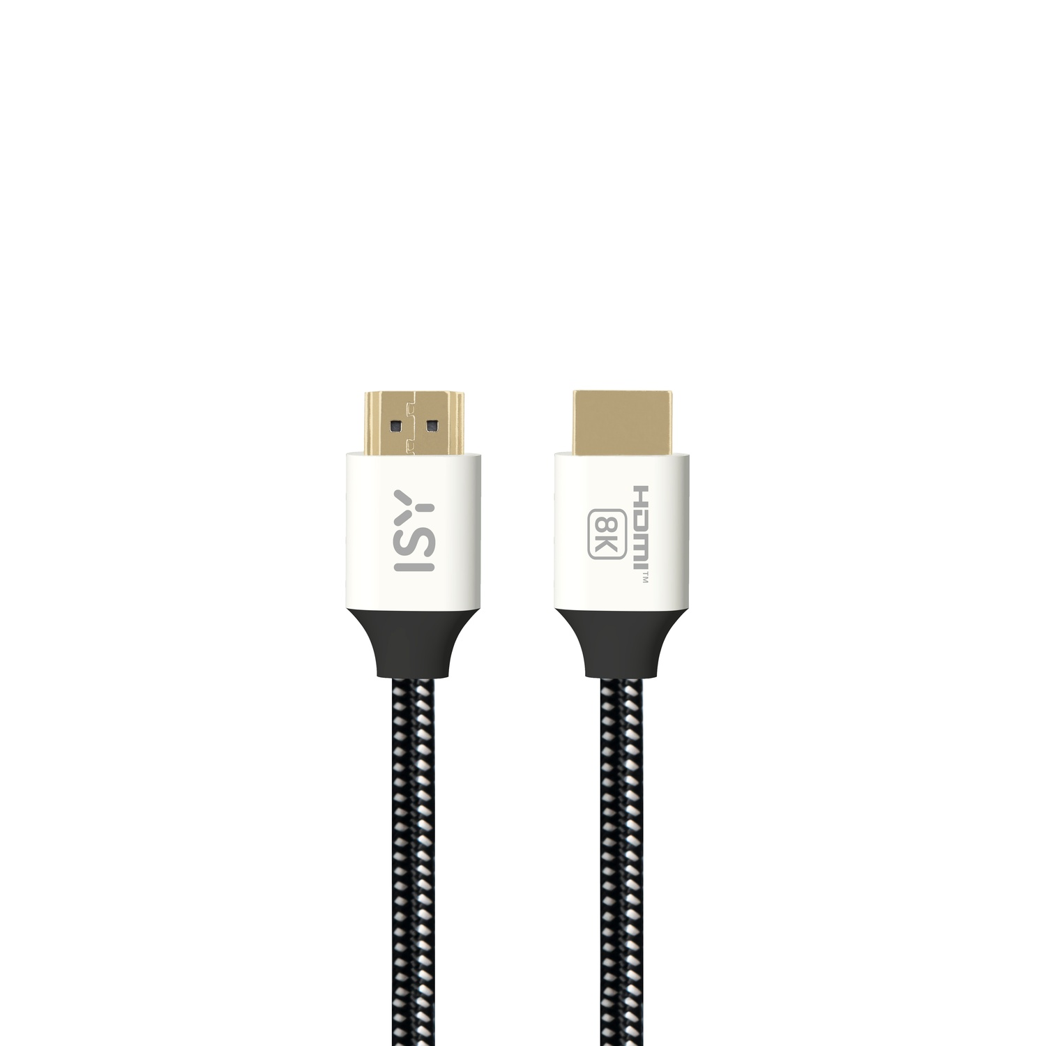 Two HDMI cables with gold-colored connectors. One has 'ISI' on it, the other has 'HDMI 8K'. Both have black and white braided cables.
