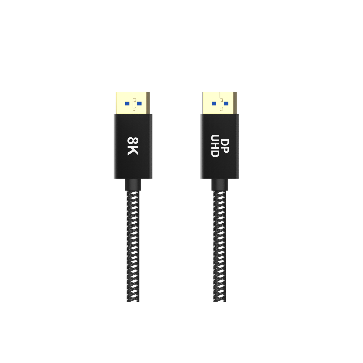 Deux câbles HDMI noirs avec des câbles tressés argentés et noirs. L'un dit '8K', l'autre 'DP UHD'. Connecteurs dorés, inserts bleus sur fond noir.