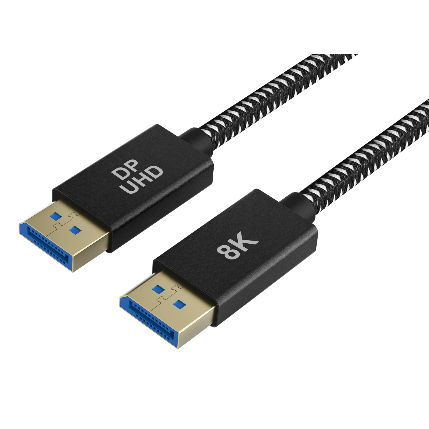 Un câble tressé noir et blanc avec des connecteurs DP UHD et 8K. Les connecteurs sont noirs avec des ports dorés et bleus.