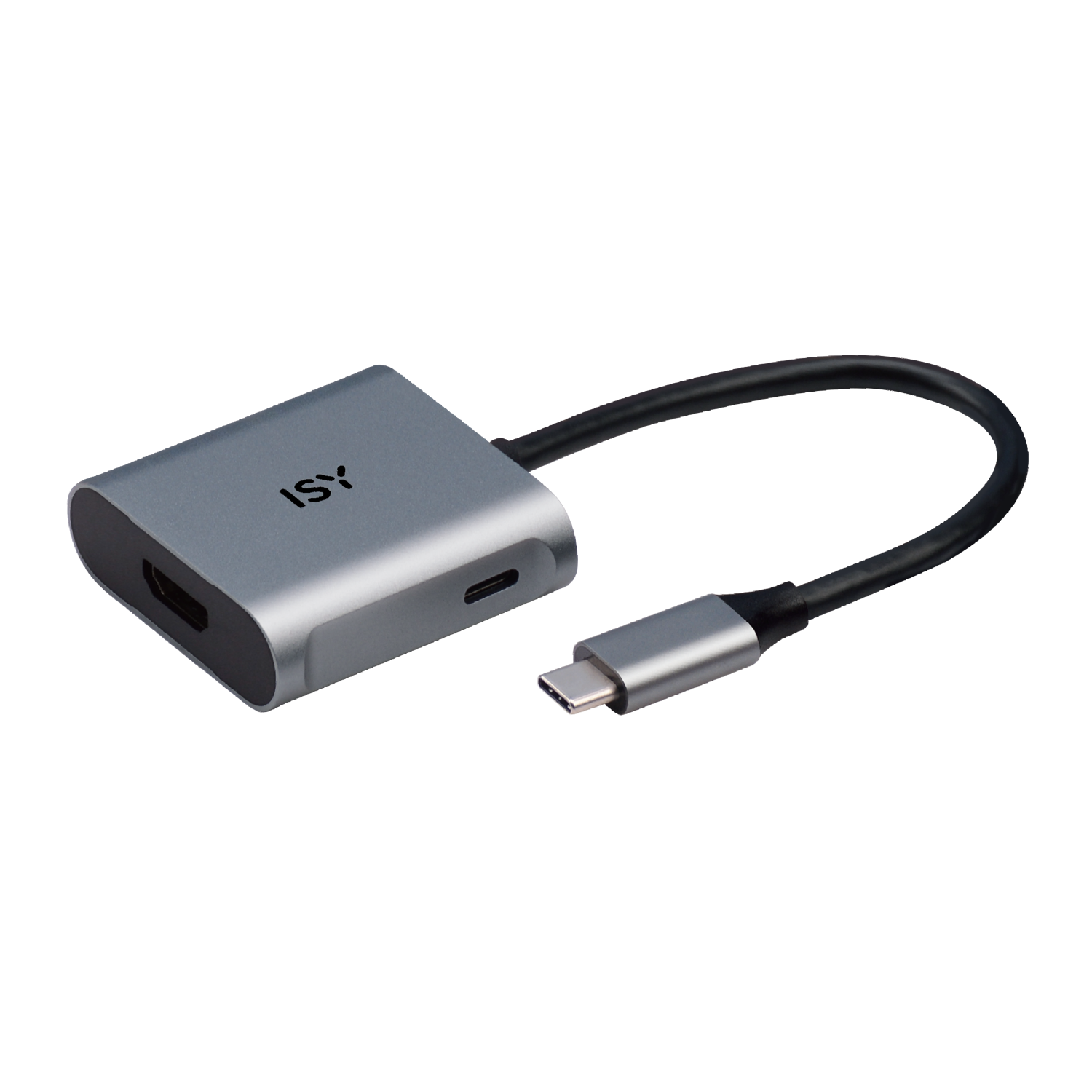 Un adaptateur ISY argenté avec un câble noir et un connecteur USB-C sur fond noir. Il possède des ports HDMI et USB-C.