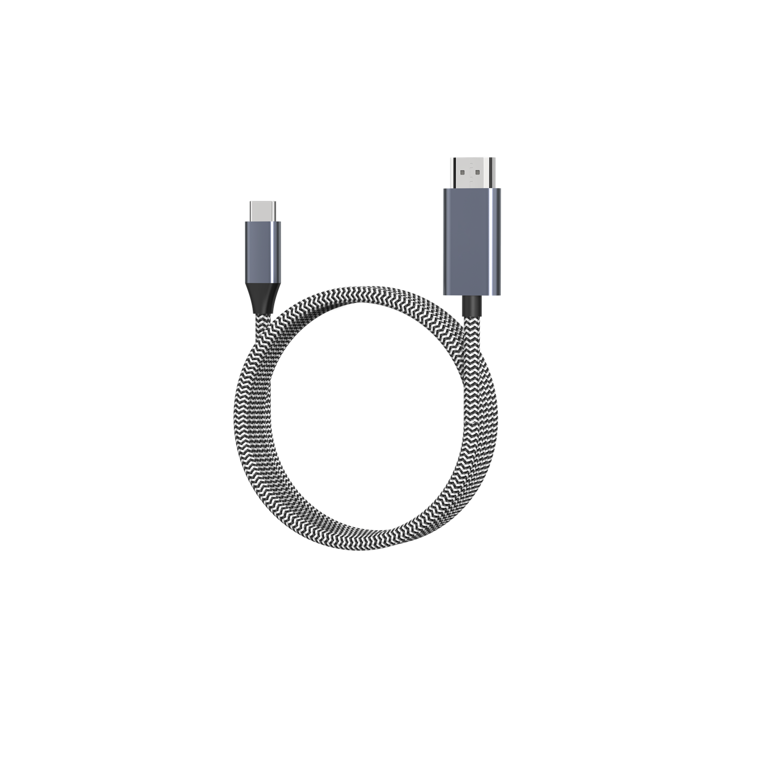 Un câble tressé gris et blanc avec un connecteur USB-C à une extrémité et un connecteur HDMI à l'autre, sur fond noir.