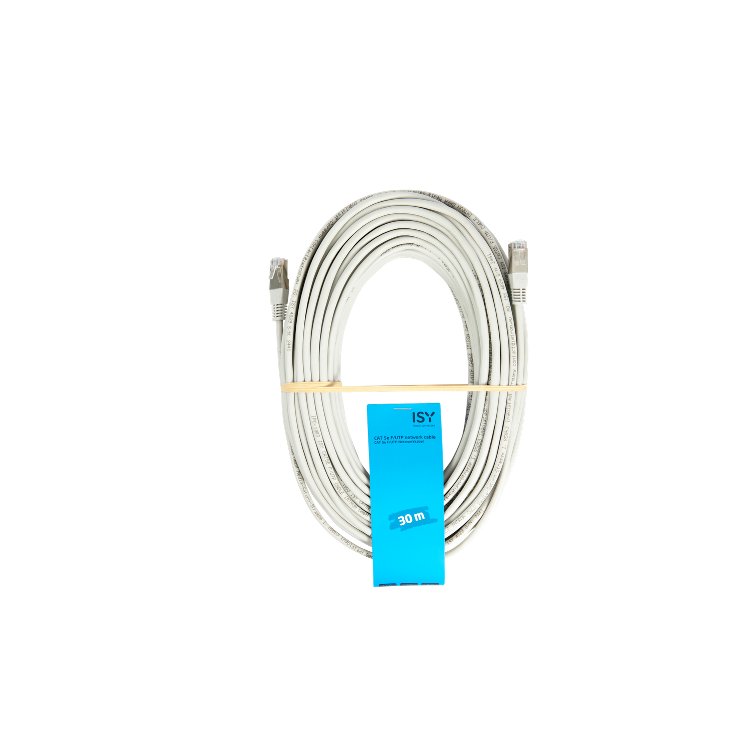 Câble réseau blanc, avec connecteurs RJ45, enroulé, maintenu par une bande de papier, et une boîte bleue avec du texte. Fond noir.